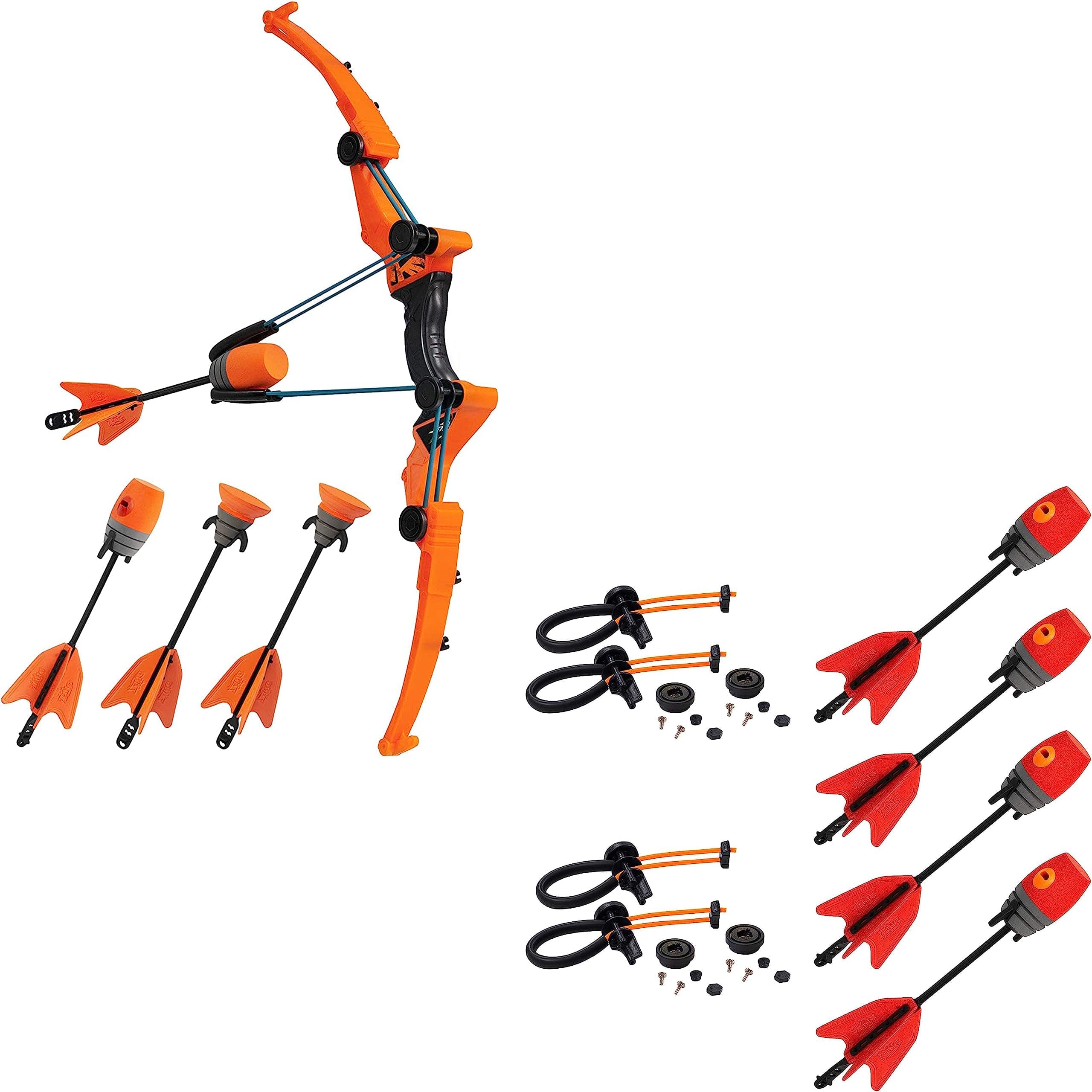Zing Air Storm Z-Tek Bow Pack - 1 Orange Bow, 2 Orange Zonic Whistle Arrows and 2 Orange Suction Cup Arrows + Zing Z Tek Bow Bungee Replacements and Arrow Refill Pack
