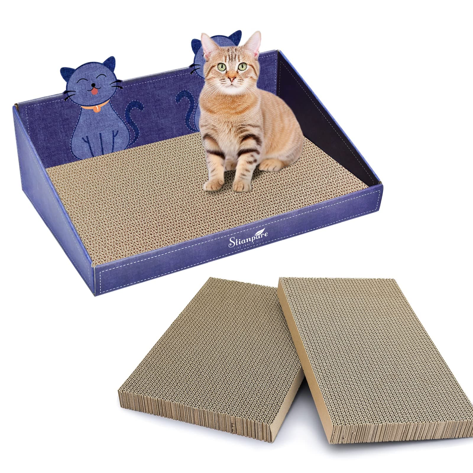 Cat Scratching Mat Corrugated Cardboard Scratching Post - Cute Cat Scratching Mat for Cats Reversible with 3 Spare Parts, Reversible Corrugated Cardboard with Denim Print as a Scratching Box for House
