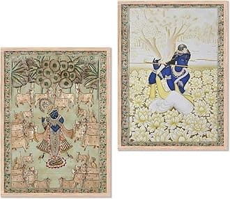 kotart Madhubani Art Framed Painting for Home, Living Room, Hall | Shrinath Ji Krishna Art Traditional Paitnings with Frame for Home Decor (Set of 2)