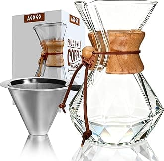 Pour Over Coffee Maker Glass - Barista Kit with 304 Stainless Filter for Home, Office, Camping, Cafes - Easy Clean Coffee Dripper Set (Soft Towel&Brush) (28oz Diamond Design w/SS Filter)