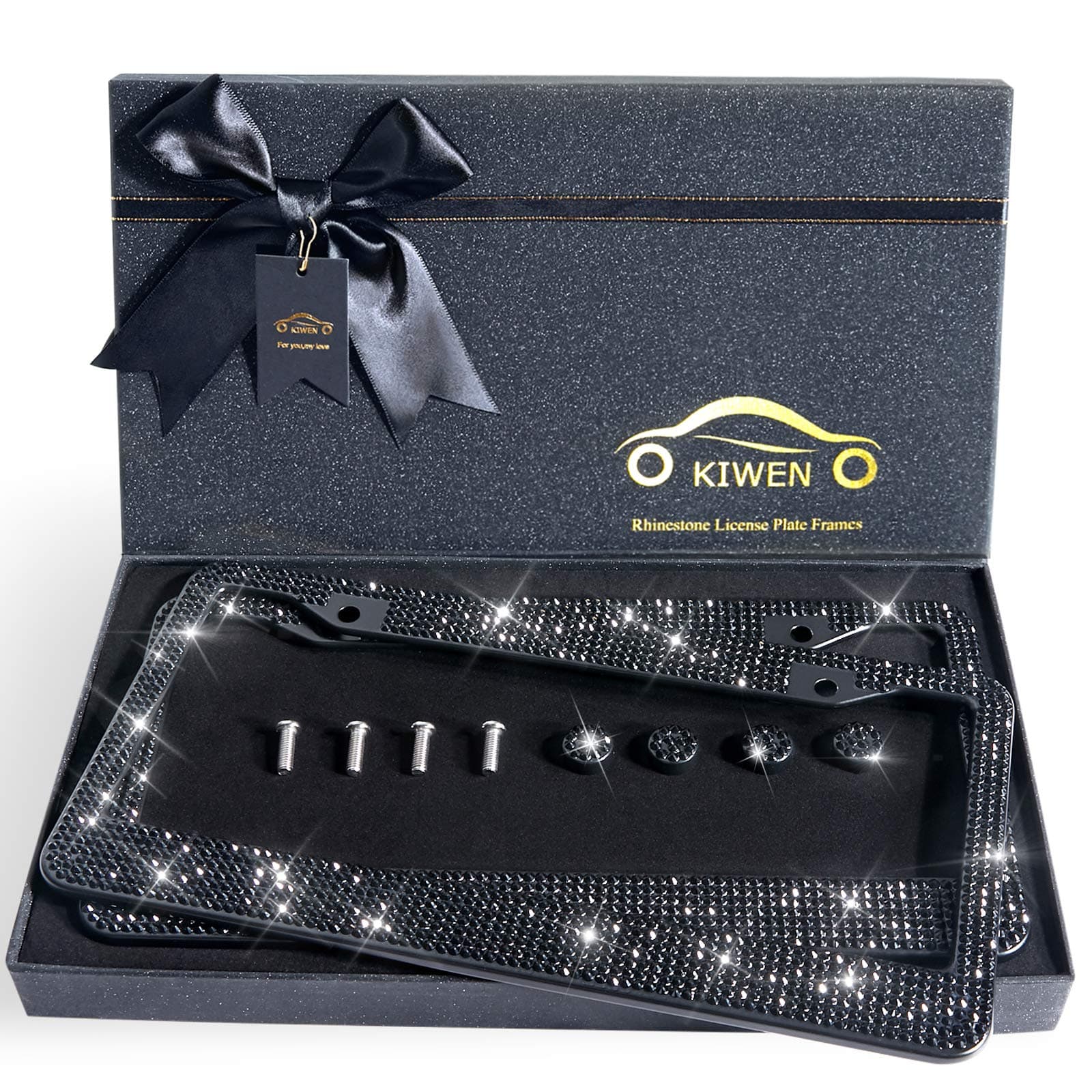 Bling License Plate Frames with High End Ribbon Gift Box,2 Pack Rhinestone License Plate Frame,Handcrafted Crystal Premium Stainless Steel Bling License Plate Frame for Women,Party,Birthday,Xms Gift