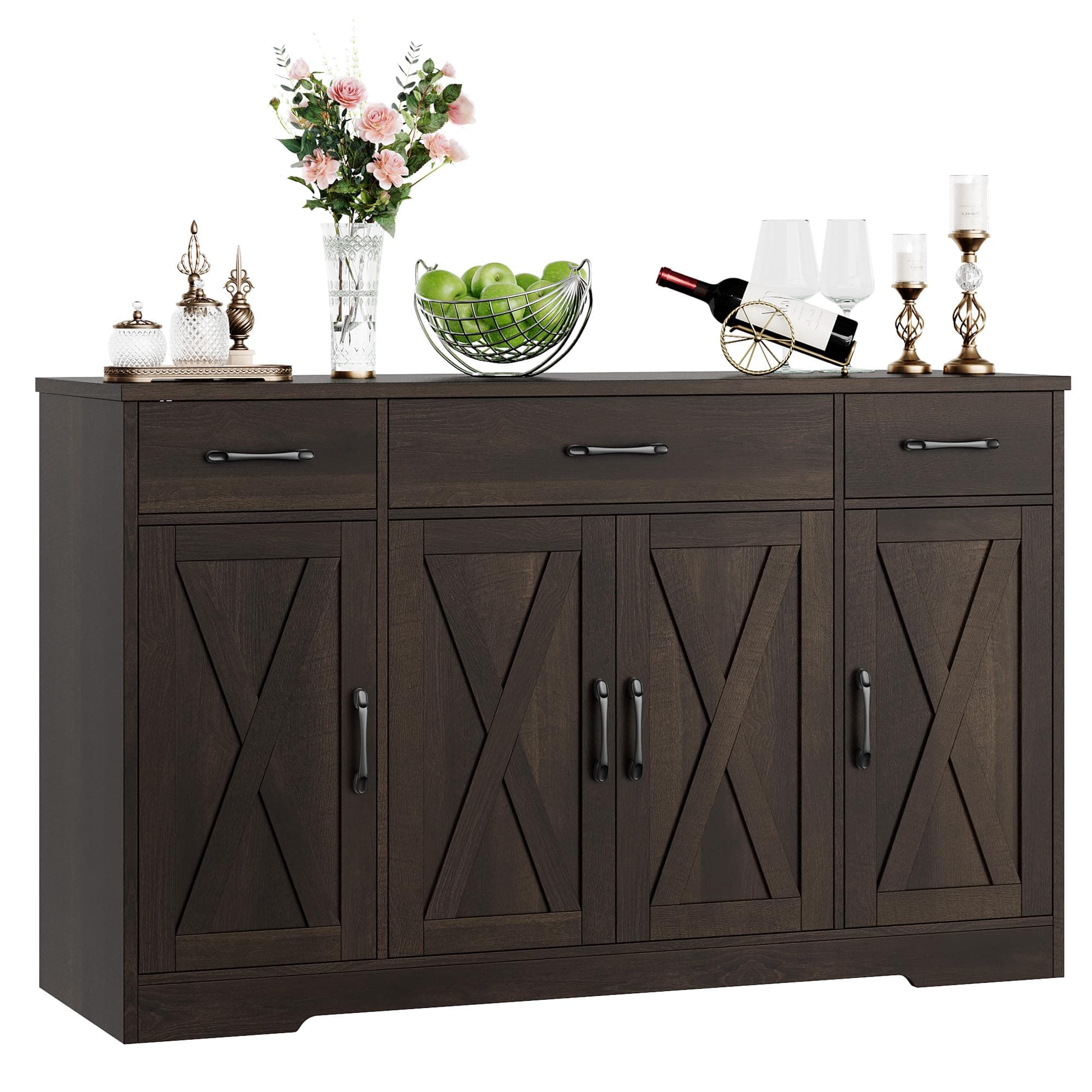 HOSTACK Buffet Cabinet with Drawers, 55" Large Sideboard Buffet Storage Cabinet with Shelves and Doors, Modern Farmhouse Coffee Bar Station Wood Kitchen Table for Kitchen, Dining Room, Dark Brown