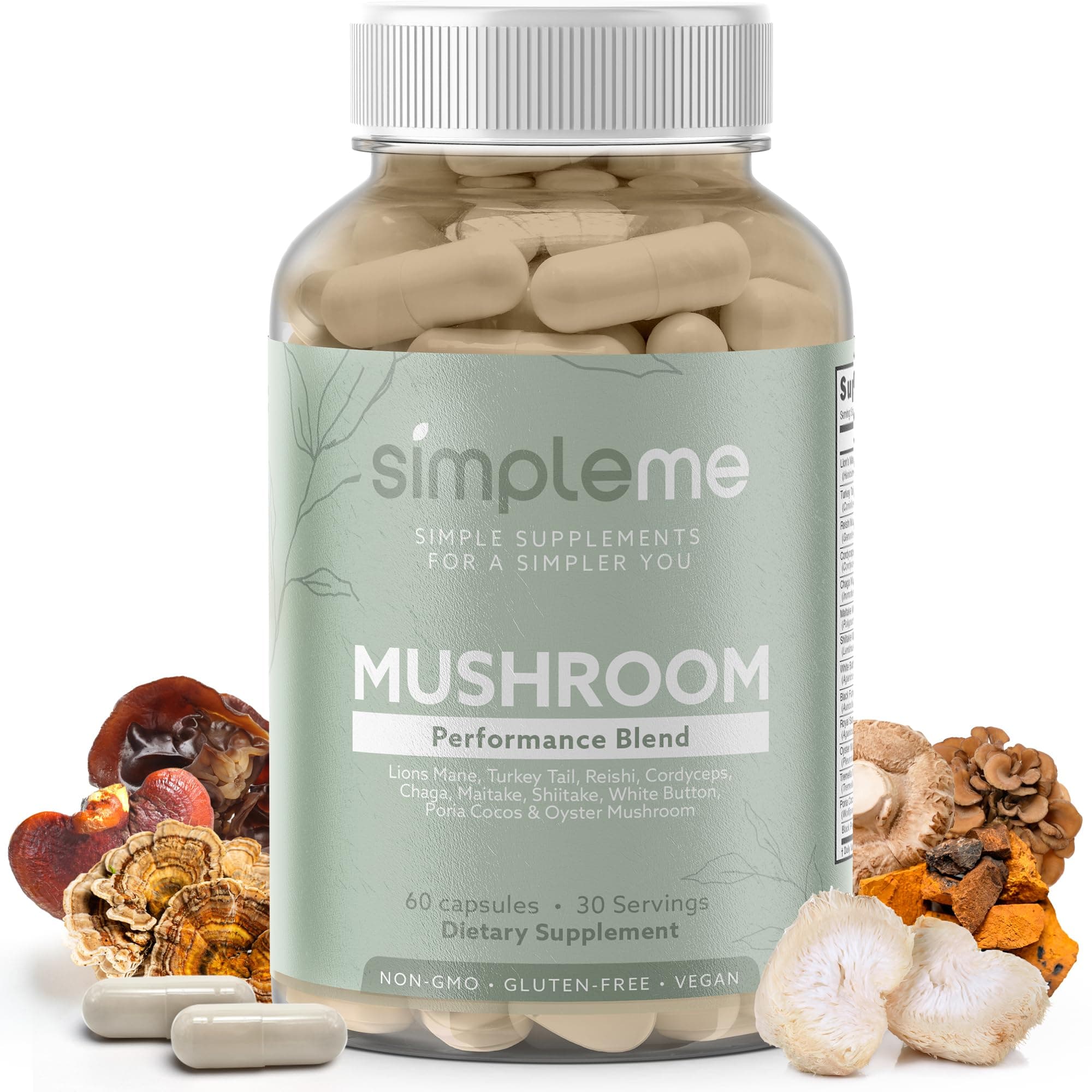 Simpleme Multi-Mushroom Supplement - Complex For Brain, Immune Support, Nootropics - Performance Blend with Lions Mane, Turkey Tail, Reishi, Cordyceps, Chaga, Maitake, Shiitake, and More - 60 Capsules