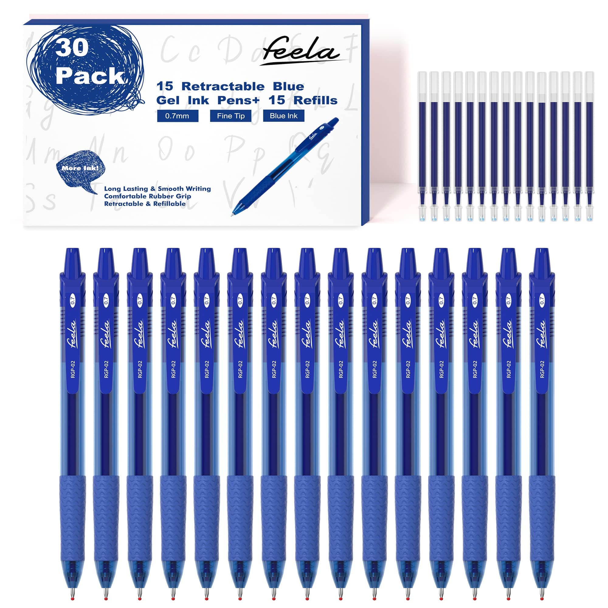 feela 30 Pack Retractable Blue Ink Gel Pens Set Medium Point 15 Piece Fine Point Gel Pen with 15 Refills for Smooth Writing
