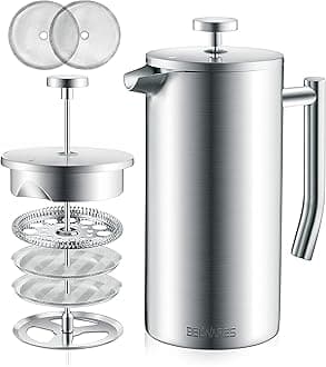 French Press Coffee Maker 34oz - 304 Stainless Steel Insulated Coffee Press, Double-Wall Heat Resistant Design with 4-Level Filtration System, Rust-Free & Dishwasher Safe (1.5 Liter), Silver
