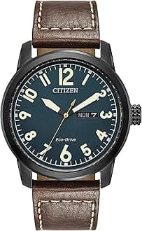 Men's Eco-Drive Weekender Garrison Field Watch in Black Ion Plating Stainless Steel with Brown Leather Strap, Navy Dial (Model: BM8478-01L)
