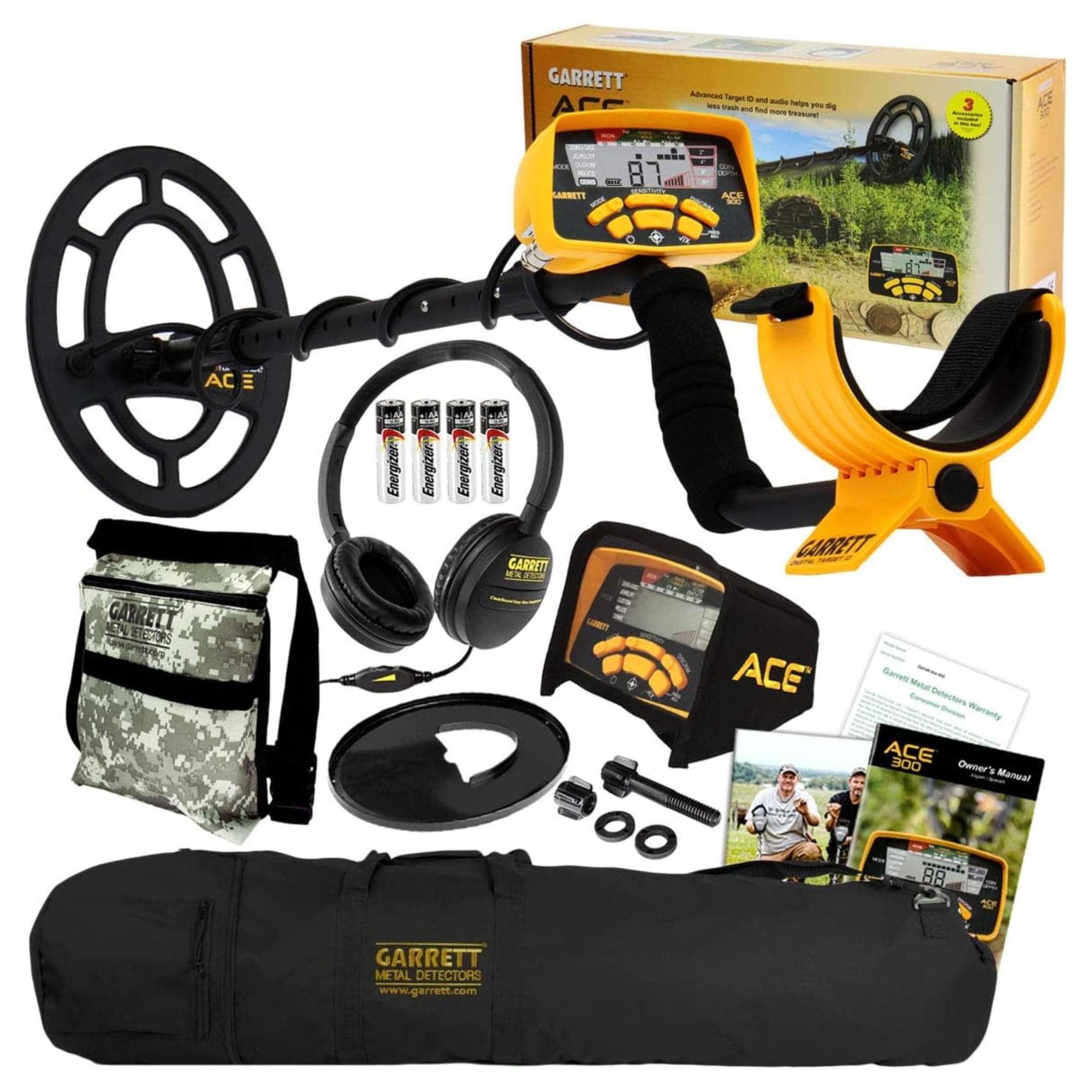 Garrett ACE 300 Metal Detector Bundle – Digital Target ID, Iron Resolution, Adjustable Frequency, Includes Carry Bag, Camo Pouch, Headphones & Searchcoil Cover