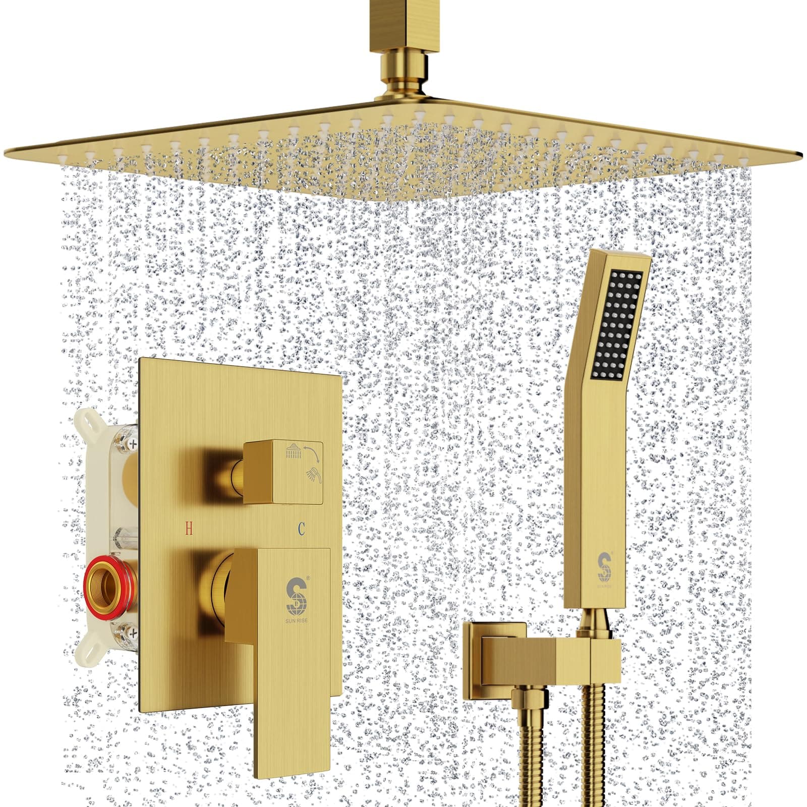 12 Inch Ceiling Mounted Shower System Rain Mixer Shower Combo Set Rainfall Shower Head System Brushed Gold Shower Faucet Trim Repair Kits with Shower Rough-in Valve Body and Trim
