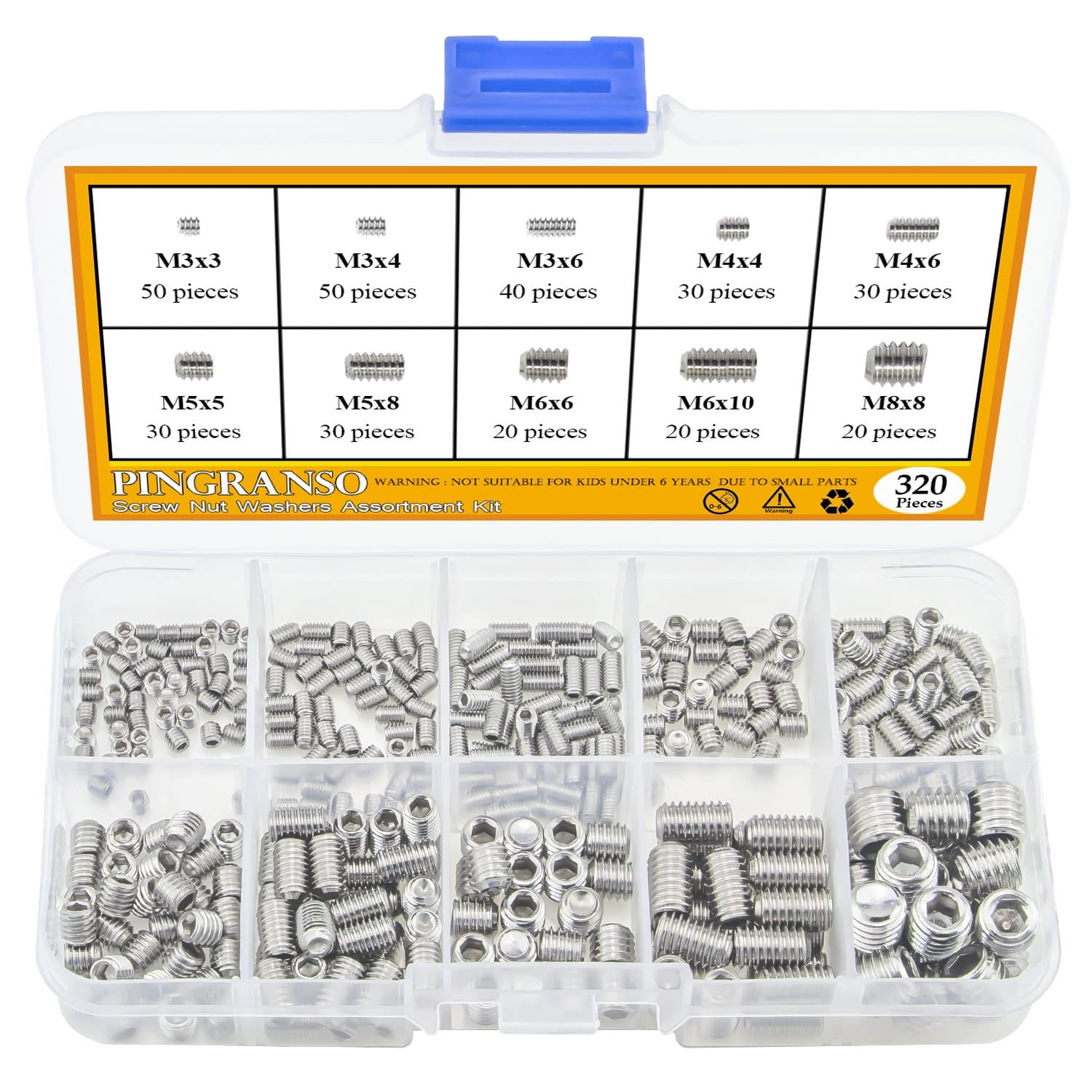 Pingranso M3 M4 M5 M6 M8 Stainless Steel Hex Socket Grub Screws Allen Head Cup Point Set Screw Assortment Kit 10 Sizes, 320PCS