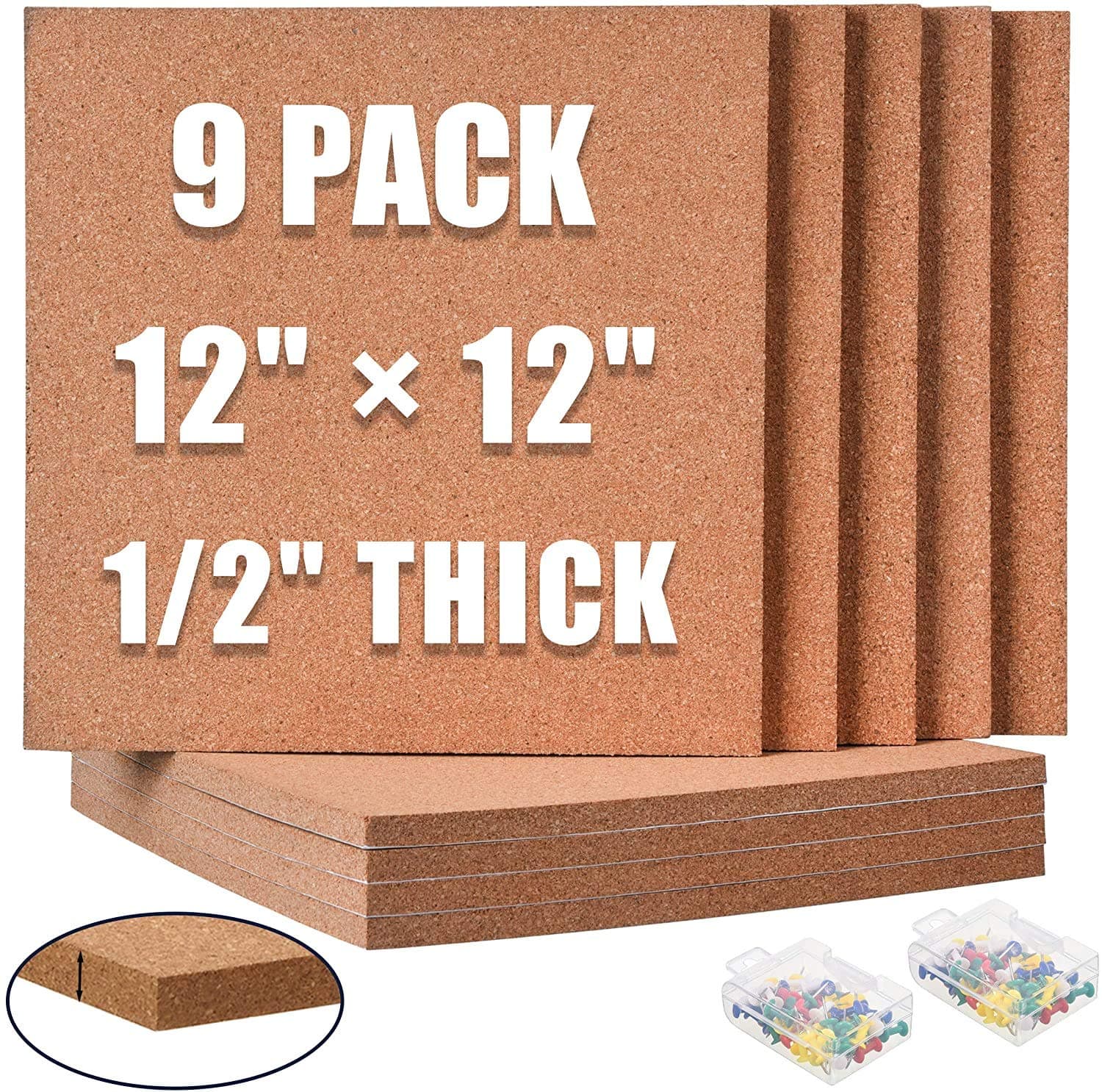 SUNGIFT Cork Board 12"x12" - 1/2" Thick Square Bulletin Boards 9 Pack Cork Ti...
