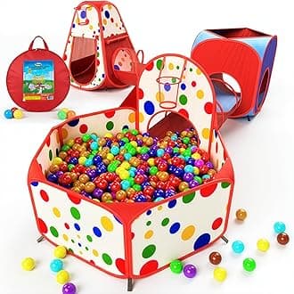 6-Piece Kids Play Tents Crawl Tunnels and Ball Pit Popup Bounce Playhouse Tent with Basketball Hoop for Indoor and Outdoor Use with Red Carrying Case