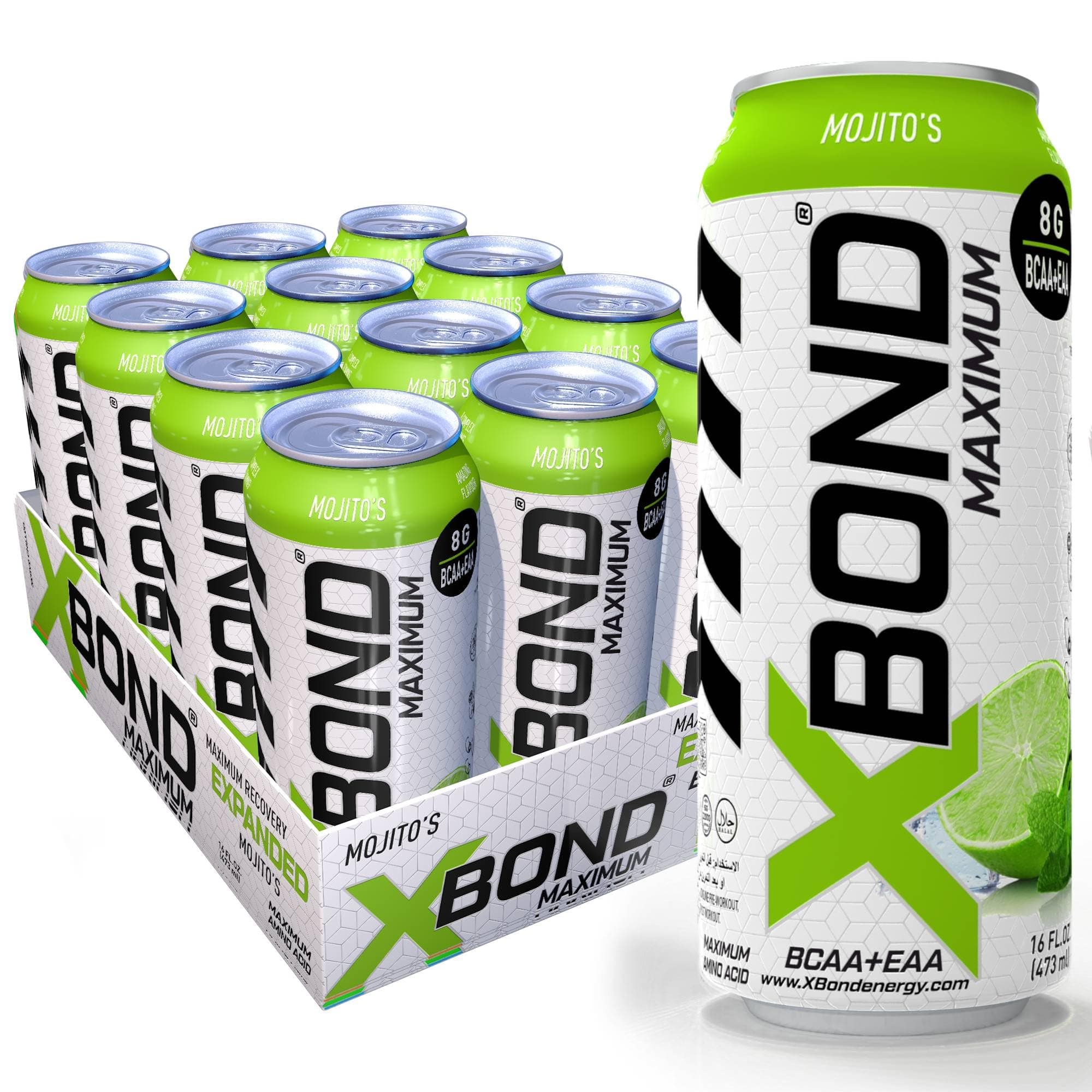 XBOND Maximum Recovery Mojito Expanded Maximum Amino Drink - BCAA + EAA Electrolytes Drink - 16 fl oz (473 ml) - 8g BCAA/EAA, Sugar Free 34 Calories, 60mg Caffeine Pack of 12