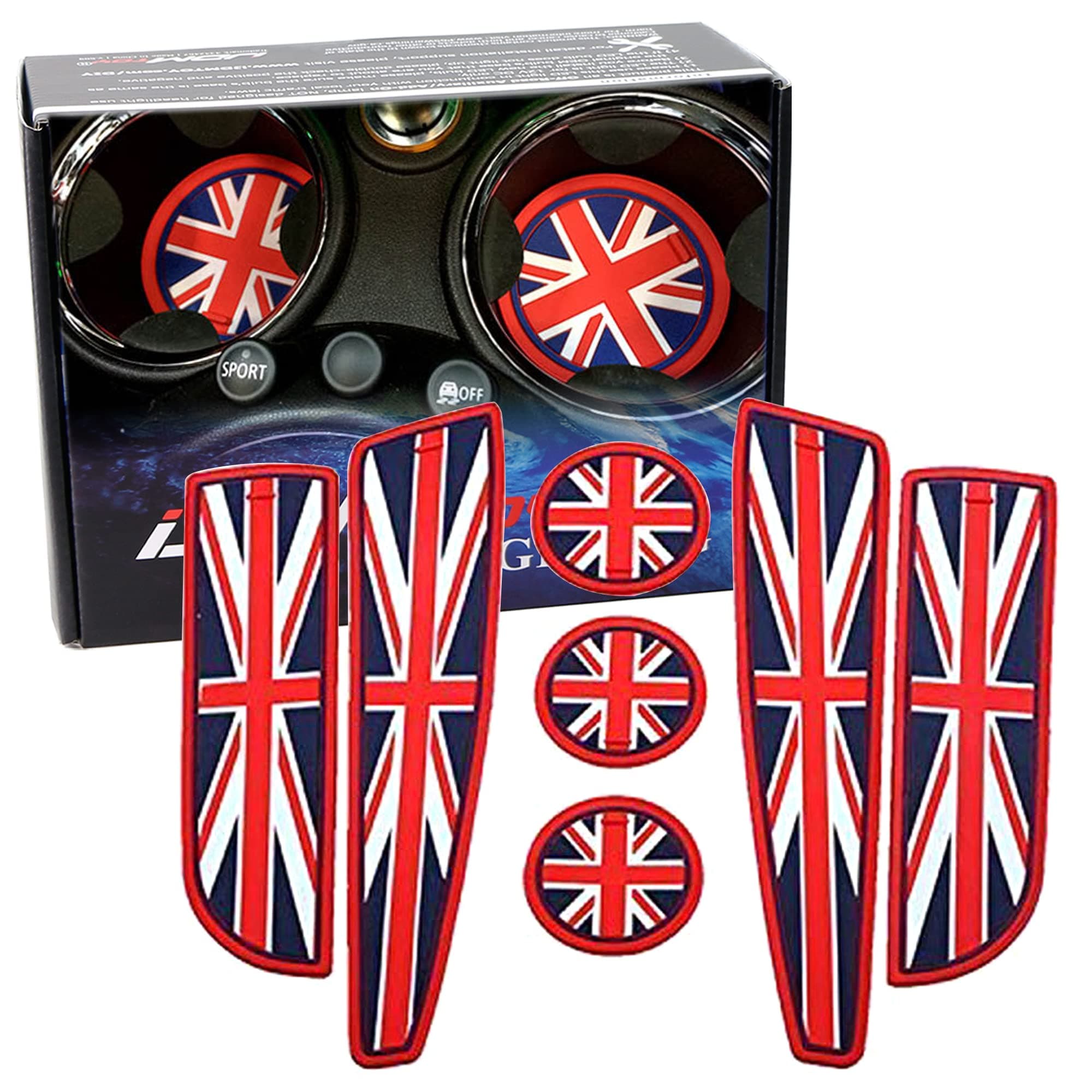 Union Jack Style Silicone Interior Cabin Mats Compatible with MINI Cooper R55 R56 R57 R58 R59, 7-Piece Red/Blue Cupholder Coasters, Side Door Compartment Liners