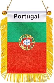 WXTWK 3 X 5 Inch Portugal Flag Portuguese Window Hanging Flag Small Mini Car Flags Banners Rearview Mirror Decoration With Suction Cup Golden Fringy Banner