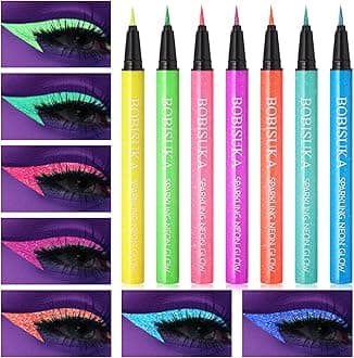 BOBISUKA UV Shimmer Glow Liquid Eyeliner Set, 7 Colors Glitter Neon Colored Eyeliners Pen, Colorful Waterproof Pigmented Graphic Liners, Metallic Eye Makeup Kit for Rave Accessories Party