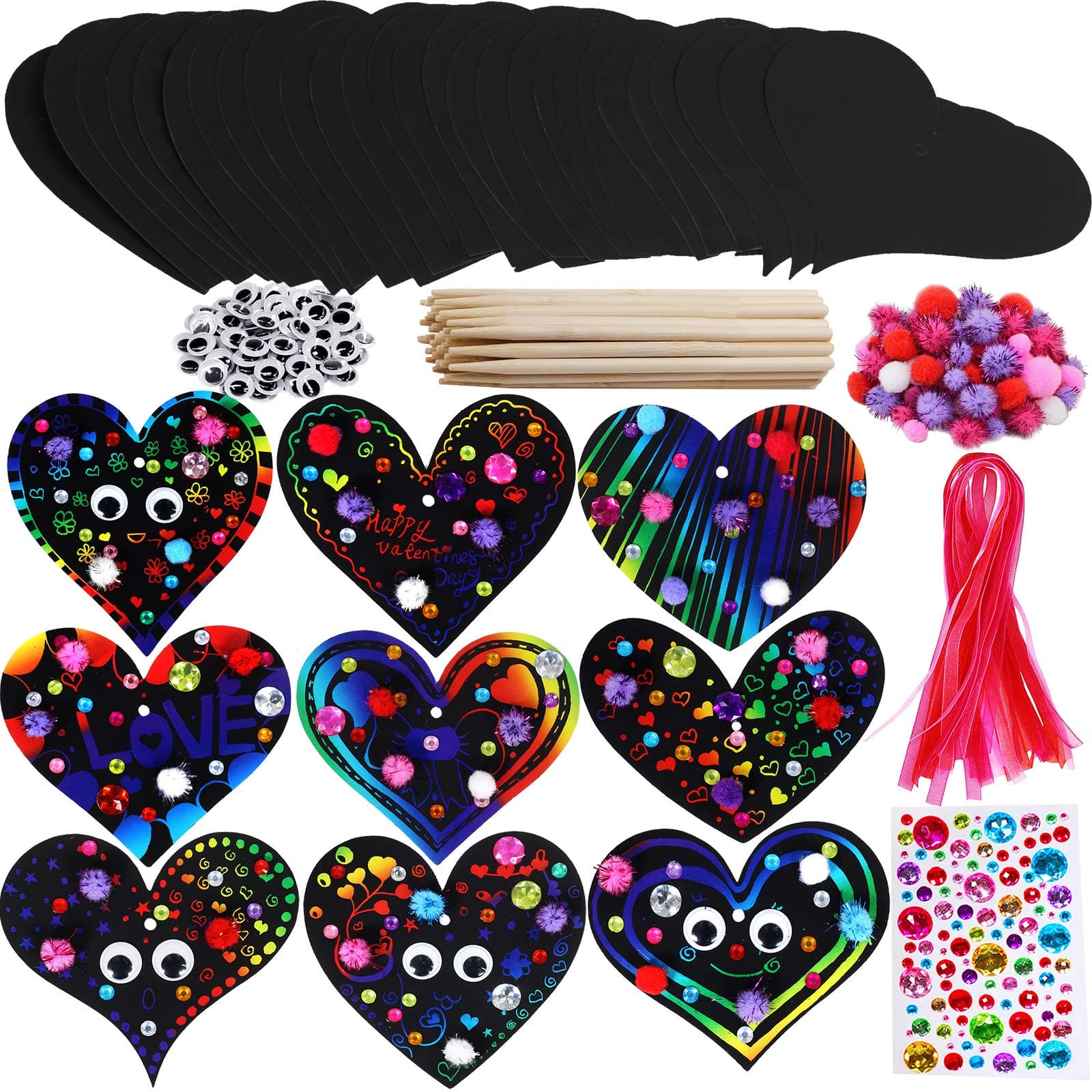 Supla 27 Set Magic Scratch Art Rainbow Scratch Paper Ornaments Assorted Heart Cutouts with Holes Hang Tags Favor Tags Gift Tags Treats Tags with Organza Ribbons and Scratching Tool for Valentine's Day