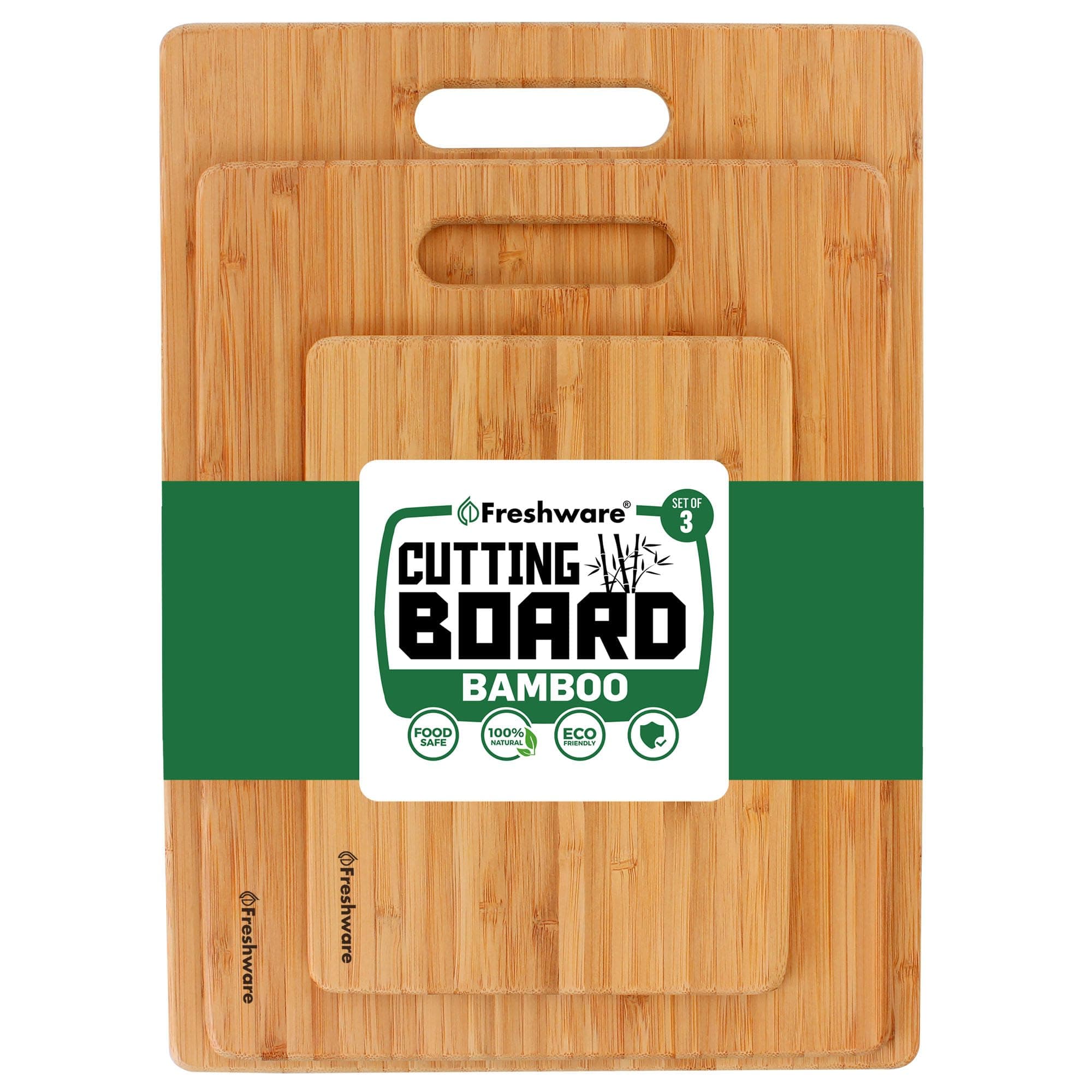 Freshware Bamboo Cutting Board Set of 3, Wooden Cutting Boards for Kitchen, Knife Friendly Food Grade Chopping Board, Lightweight with Hanging Hole for Easy Storage