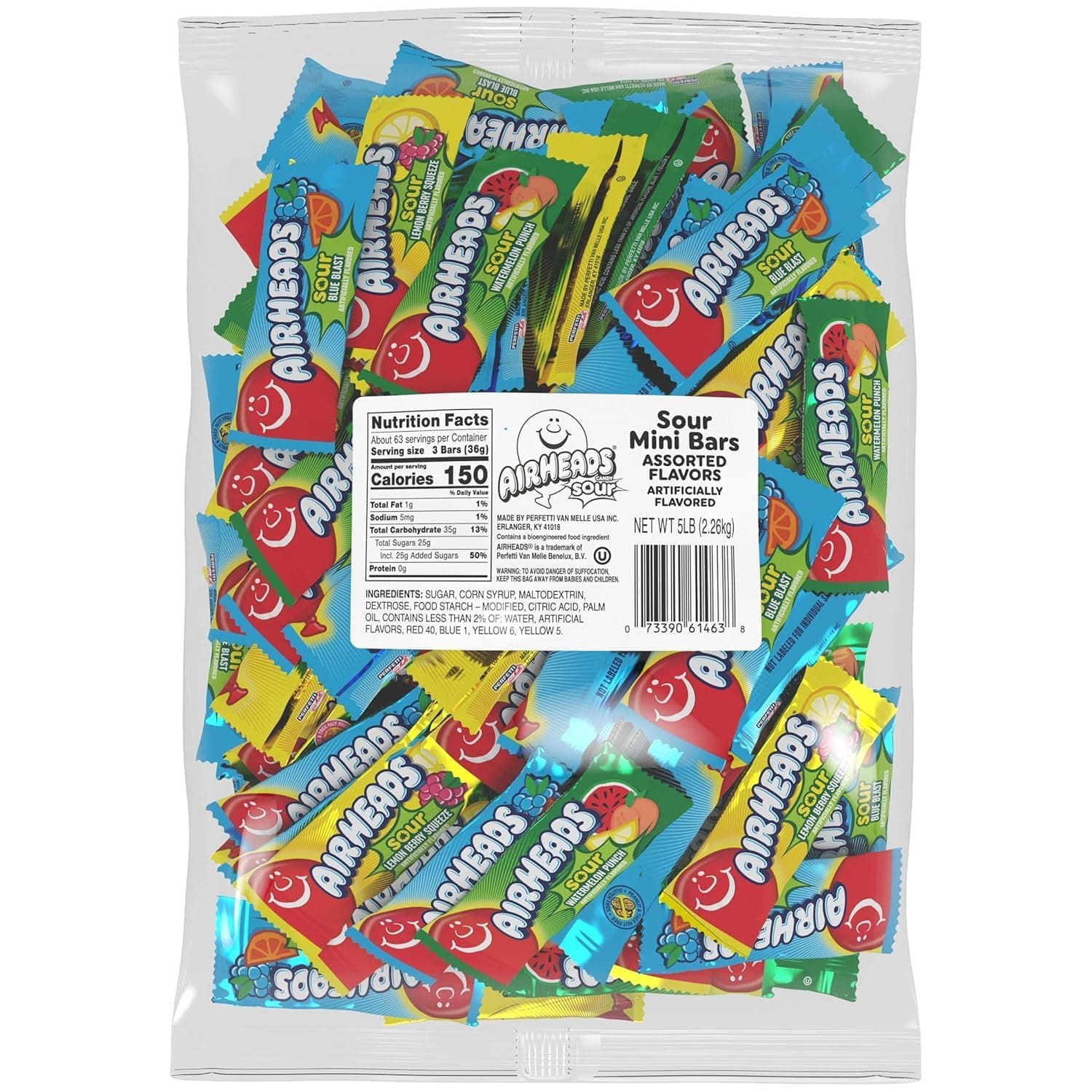 Sour Mini Candy Bars, Taffy Assorted Bag, Individually Wrapped Candy, Three Assorted Flavors, 5 lb Bag