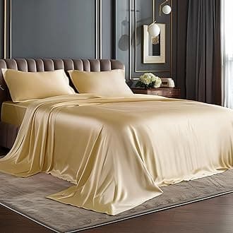 King Size Sheets Set, Luxury Soft Champagne Satin Sheets for Hair and Skin, Similar to Silk Bed Sheets Set 4 Pieces with 1 Deep Pocket Fitted Sheet, 1 Flat Sheet, and 2 Pillowcases