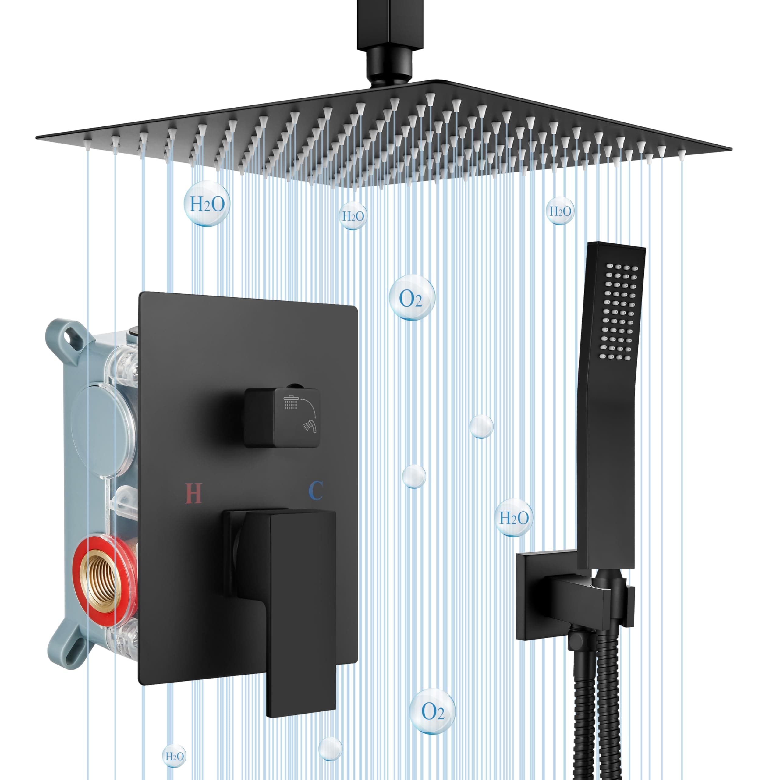 Airuida Matte Black 12 Inch Rainfall Shower System, Ceiling Mount Shower Faucet, Bathroom Shower Fixture with SUS304 Ultra-thin Rainfall Shower Head, Brass Handheld Shower Mixer with Rough-in Valve