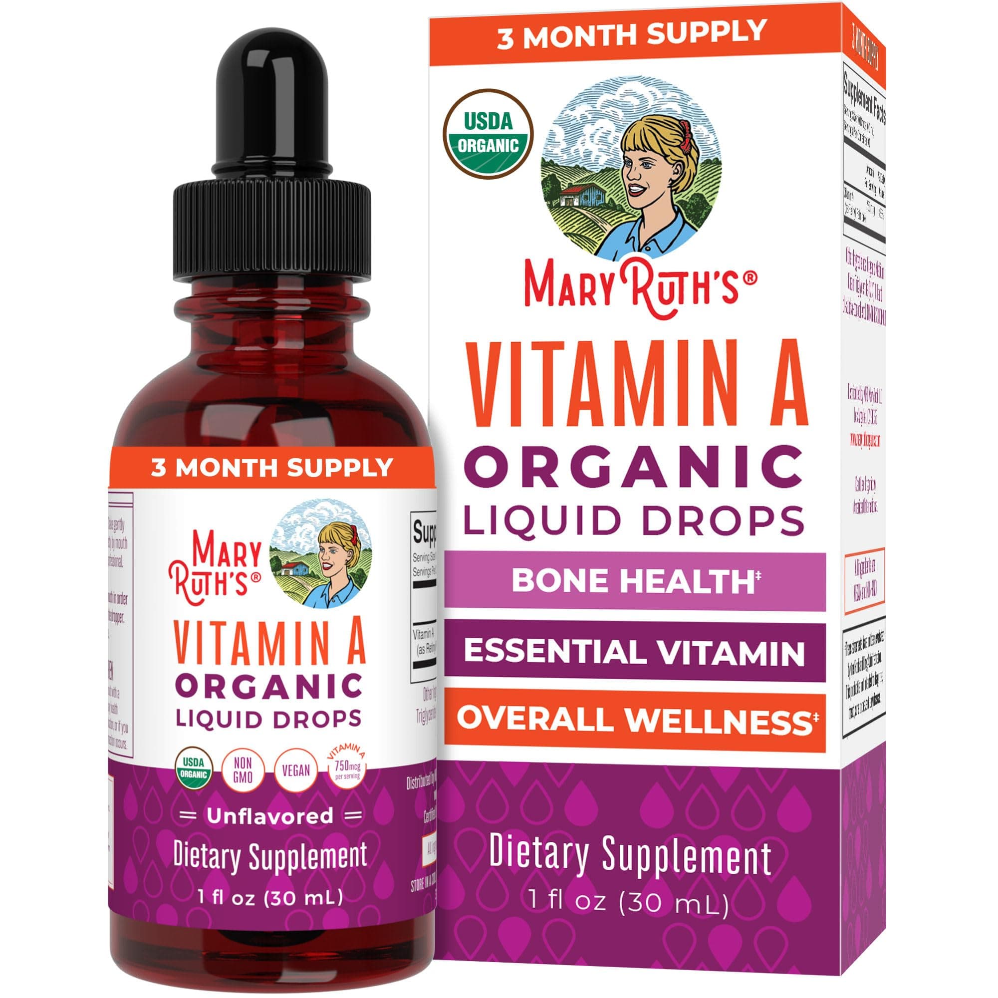 MaryRuth Organics USDA Vitamin A Liquid Drops | 3 Month Supply | Immune Support, Eye Health, Skin Health for Ages 14+ | 750mcg per Serving | Sugar Free | Vegan | Non-GMO | Gluten Free | 1oz