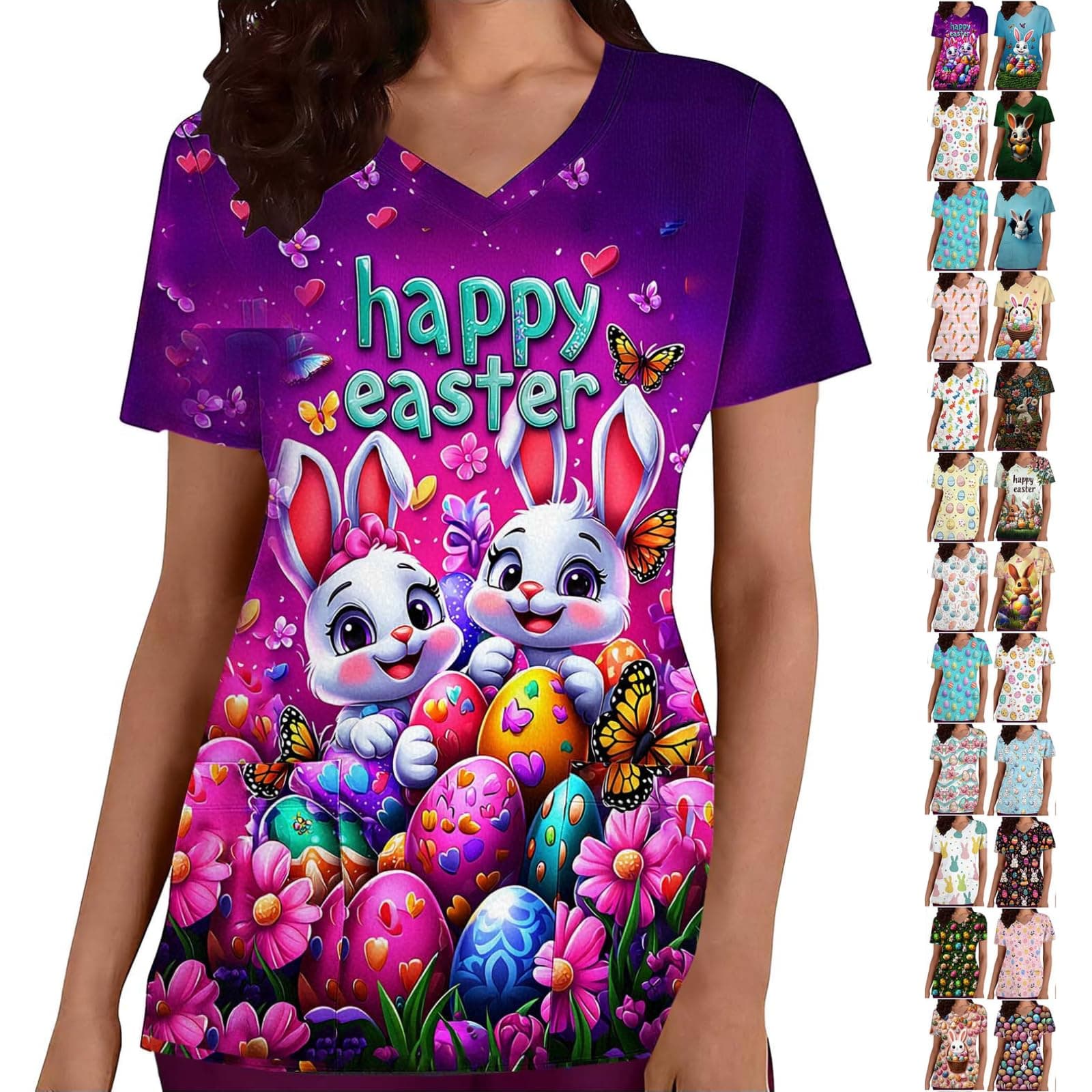 Cute Easter Bunny Eggs Shirts for Women with Pockets Rabbit Graphic Tees Short Sleeve V Neck Easter Scrub Tops
