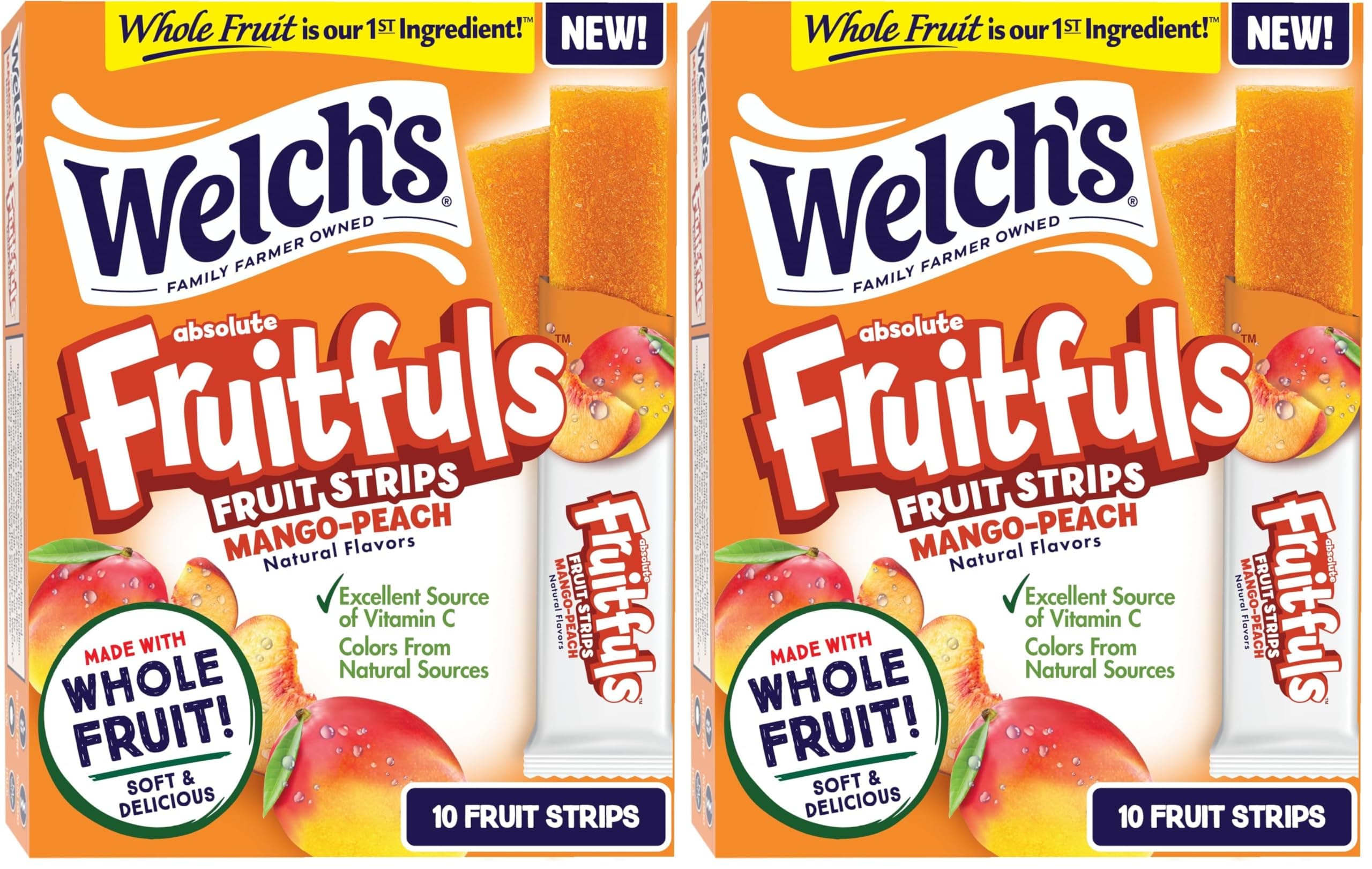 Welch’s Absolute Fruitfuls Fruit Strips, Mango Peach Flavored Fruit Leather, Tasty Dried Fruit Snacks for School Lunches, Mango Peach, 0.5oz (Pack of 20)