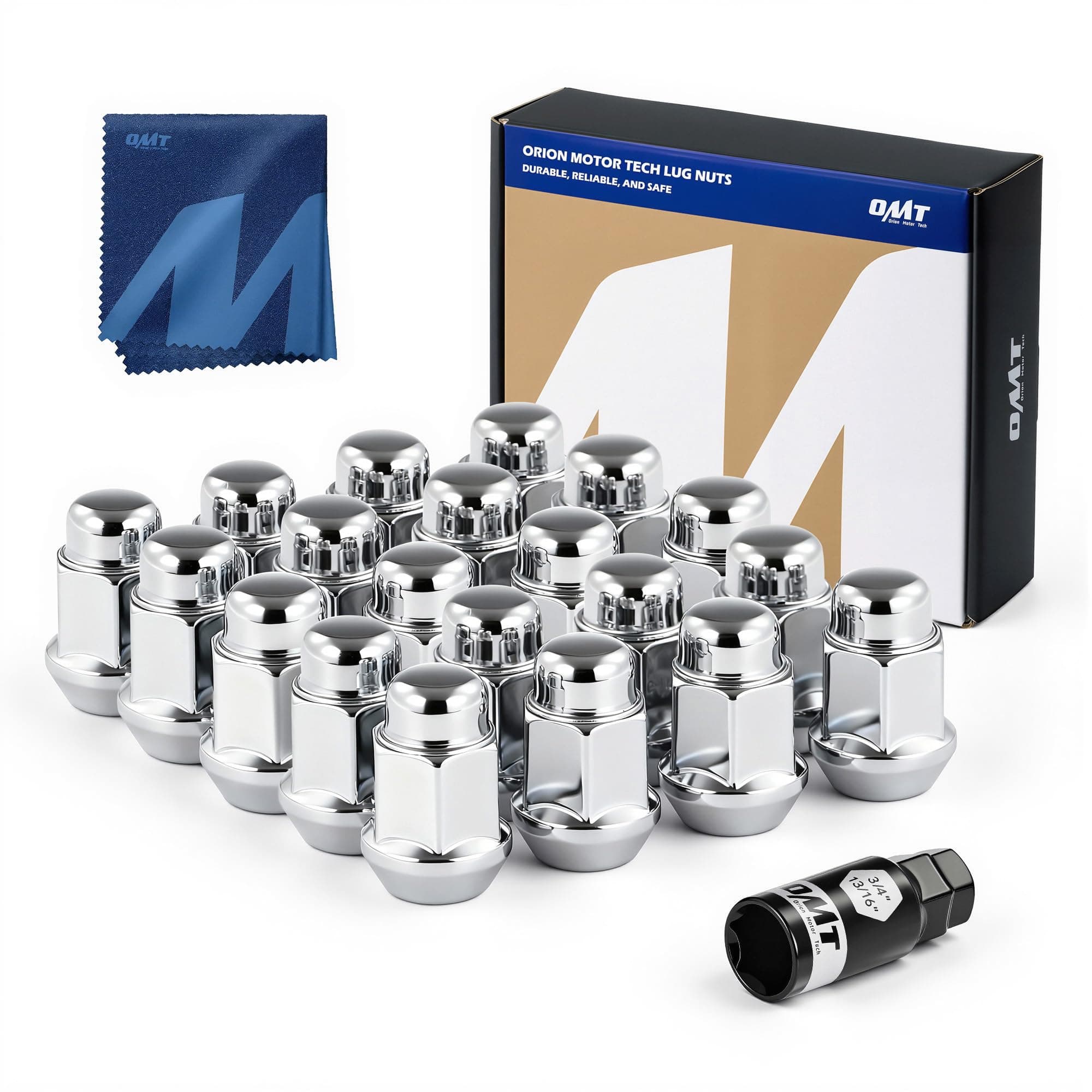 Orion Motor Tech 1/2"-20 Lug Nuts with Cone Seat, 3/4" 19mm Hex 1.38x0.87 in. Chrome Plated Wheel Lug Nuts Compatible with Ford Mustang Explorer F-150 Dodge Ram 1500 Jeep Wrangler, Set of 20