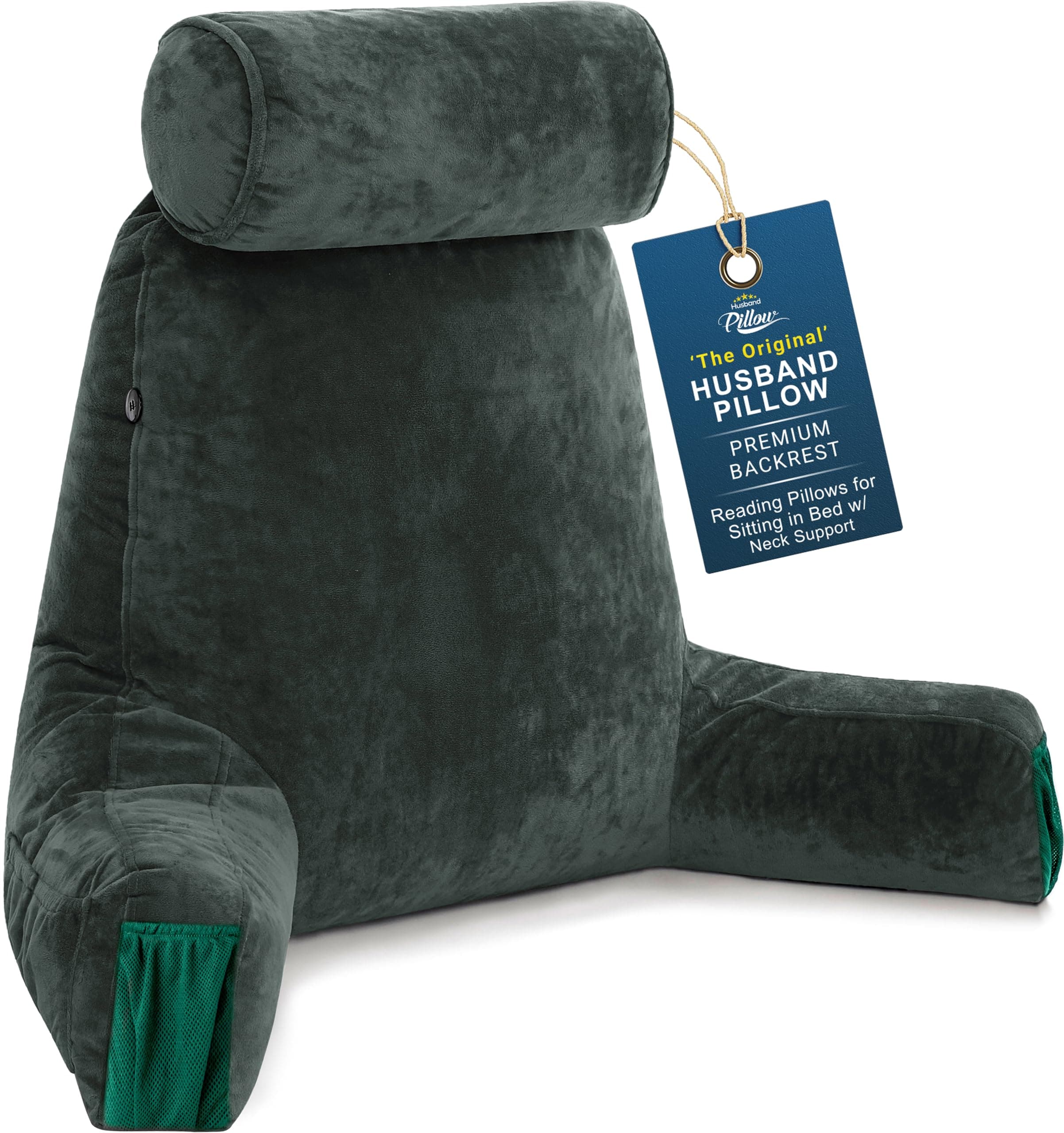 Medium Reading Pillow with Arms - 23" Backrest for Sitting Up in Bed - Firm Support Bed Rest Pillow for Adults, Neck Roll, Removable Cover - TV, Reading, Lounging - Dark Green