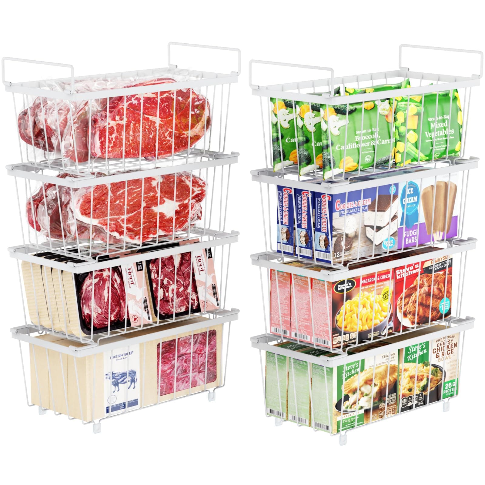 iSPECLE Chest Freezer Organizer Bins - 8 Pack Stackable Deep Freezer Organizer Bins for Most 7 Cu.FT Chest Freezer Sort Frozen Meats, Freezer Storage Bins with Handles Add Space Easy to Reach, White