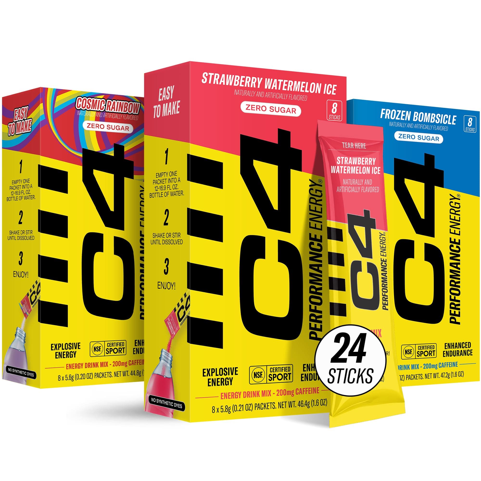 C4 Performance Energy, Variety Pack, 200mg Caffeine, Zero Sugar, NSF (3 Boxes, 24 Sticks)