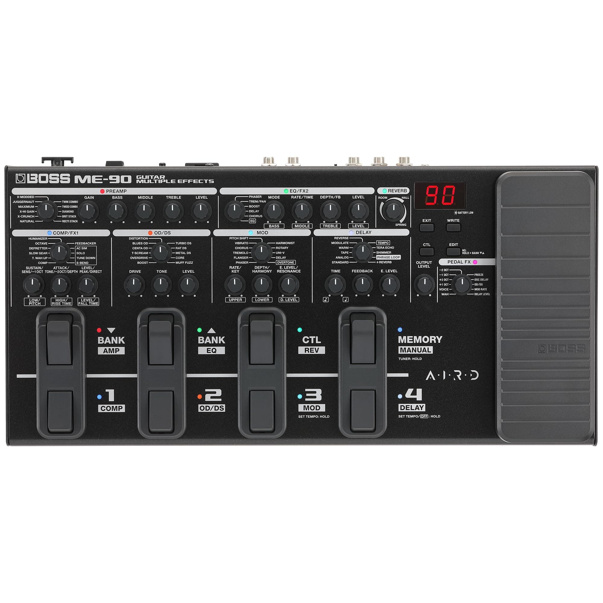 BOSS ME-90 Guitar Multi-Effects | All-In-One Guitar Processor | 11 Onboard AIRD Amp Models | 60 Effects derived from the GT-1000 | 8 Multi-Function Footswitches & Redesigned Expression Pedal