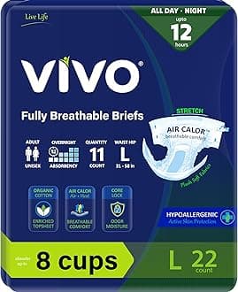 VIVO Organic Cotton Overnight Sensitive Skin Adult Incontinence Diaper Briefs with Tabs, Large 22 Count
