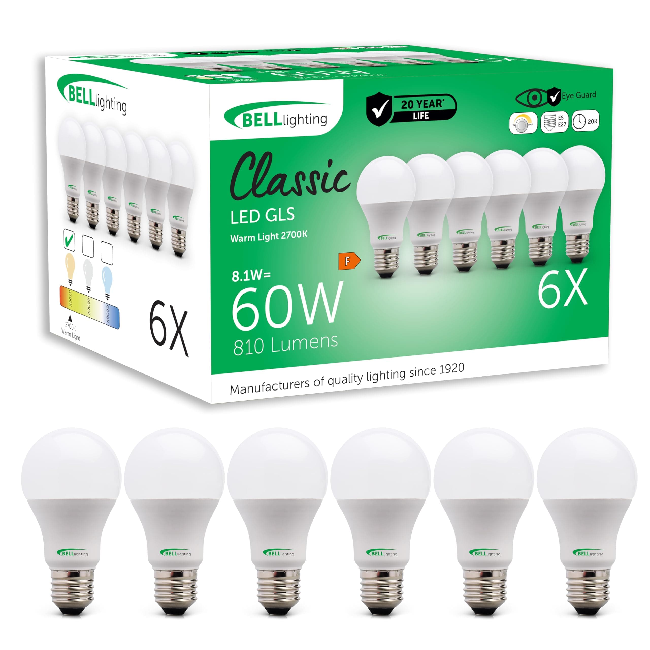BELL Lighting E27 Edison Screw Cap Dimmable Light Bulb LED GLS 6 Pack | Warm White 2700K | 810 Lumen 8.1W | Energy Saving GLS LED Light Bulb | 60W Lamp Equivalent