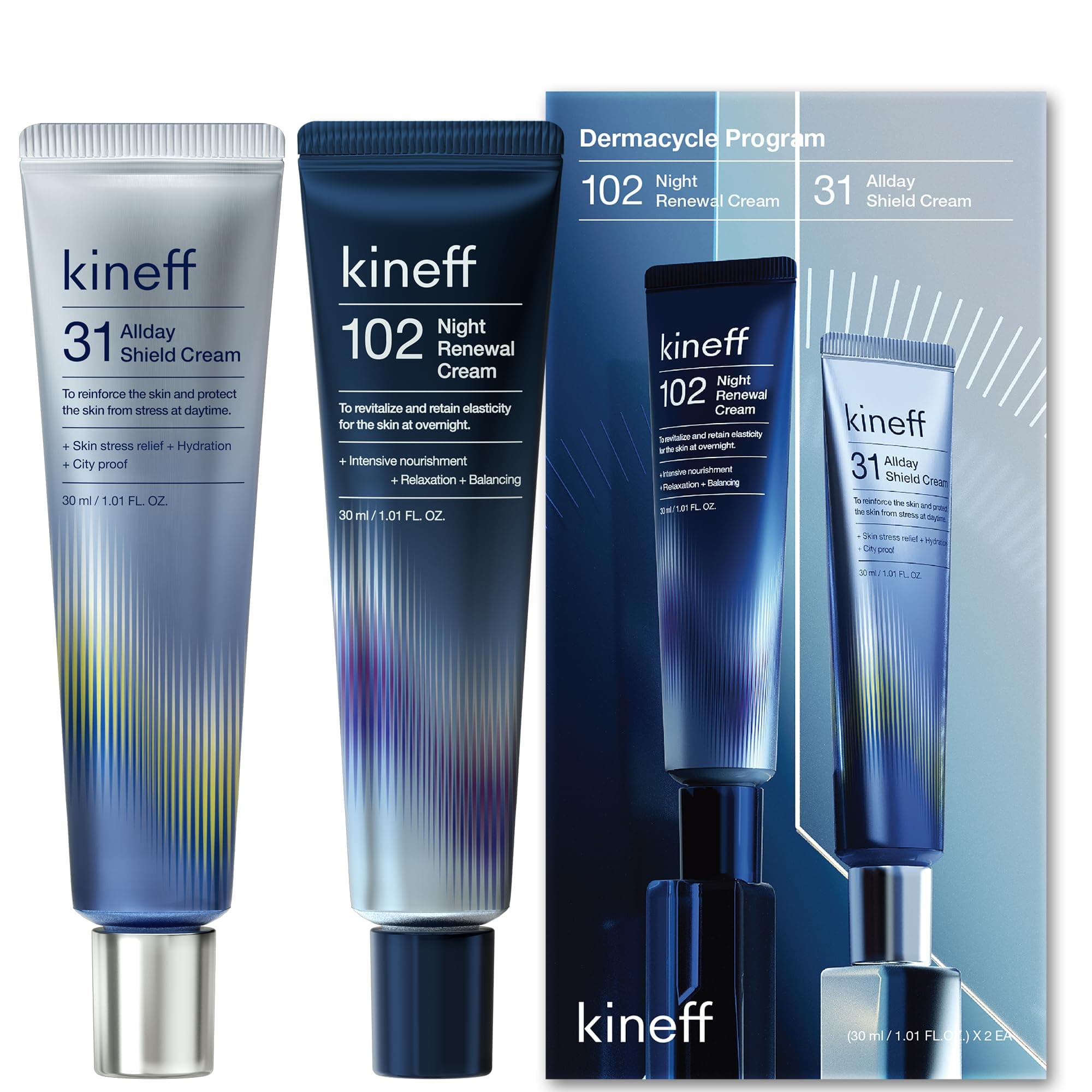- Kineff Dermacycle Program All-day & Night 2-Pack Cream for Face, 31 All-Day Shield Cream & 102 Night Renewal Cream, Centella Asiatica and Niacinamide, Korean Skincare (New Package)