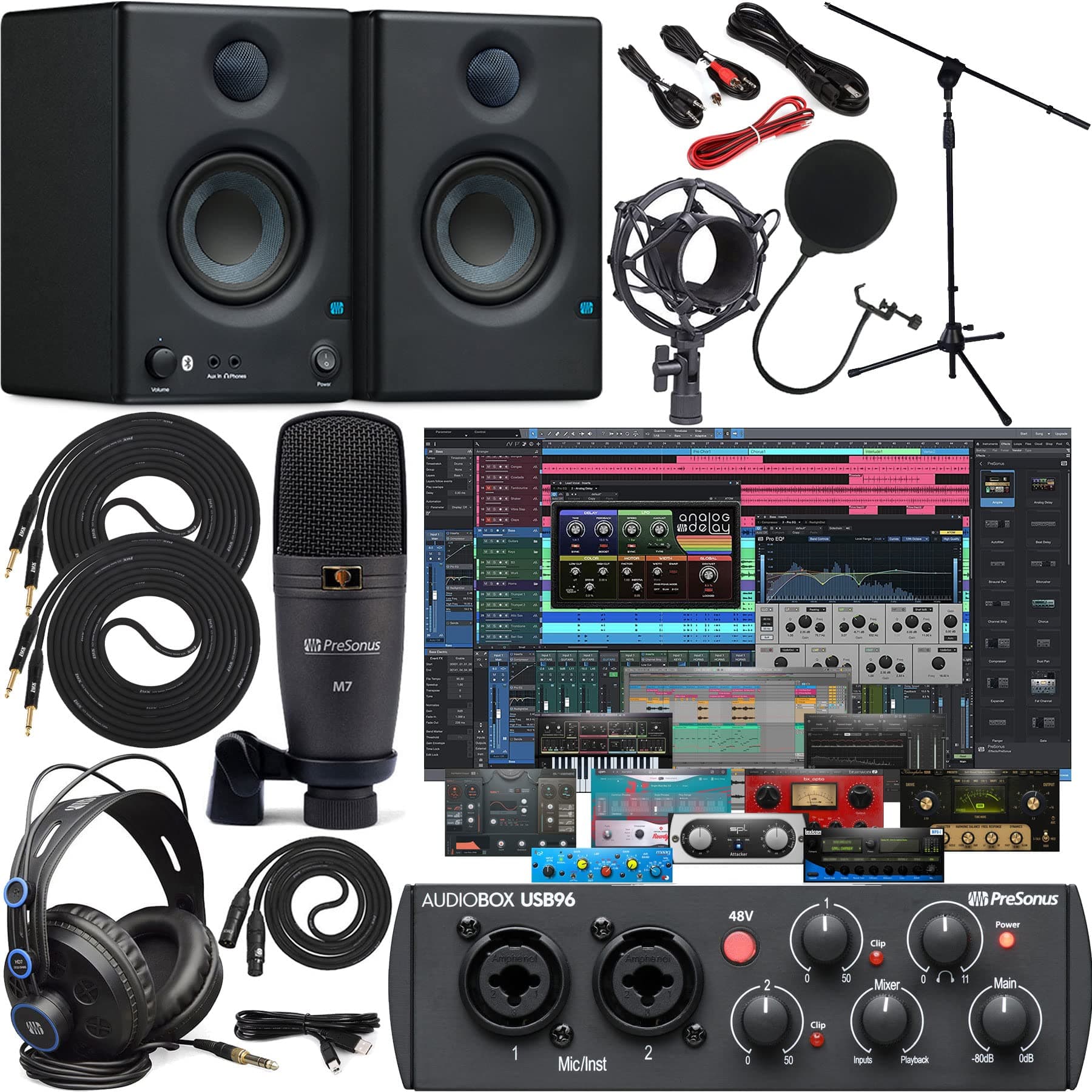 Presonus AudioBox 96 Studio Audio Interface with Creative Software Kit and Studio Bundle and Eris E3.5 BT Pair Studio Bluetooth Monitors with and 1/4 Cables