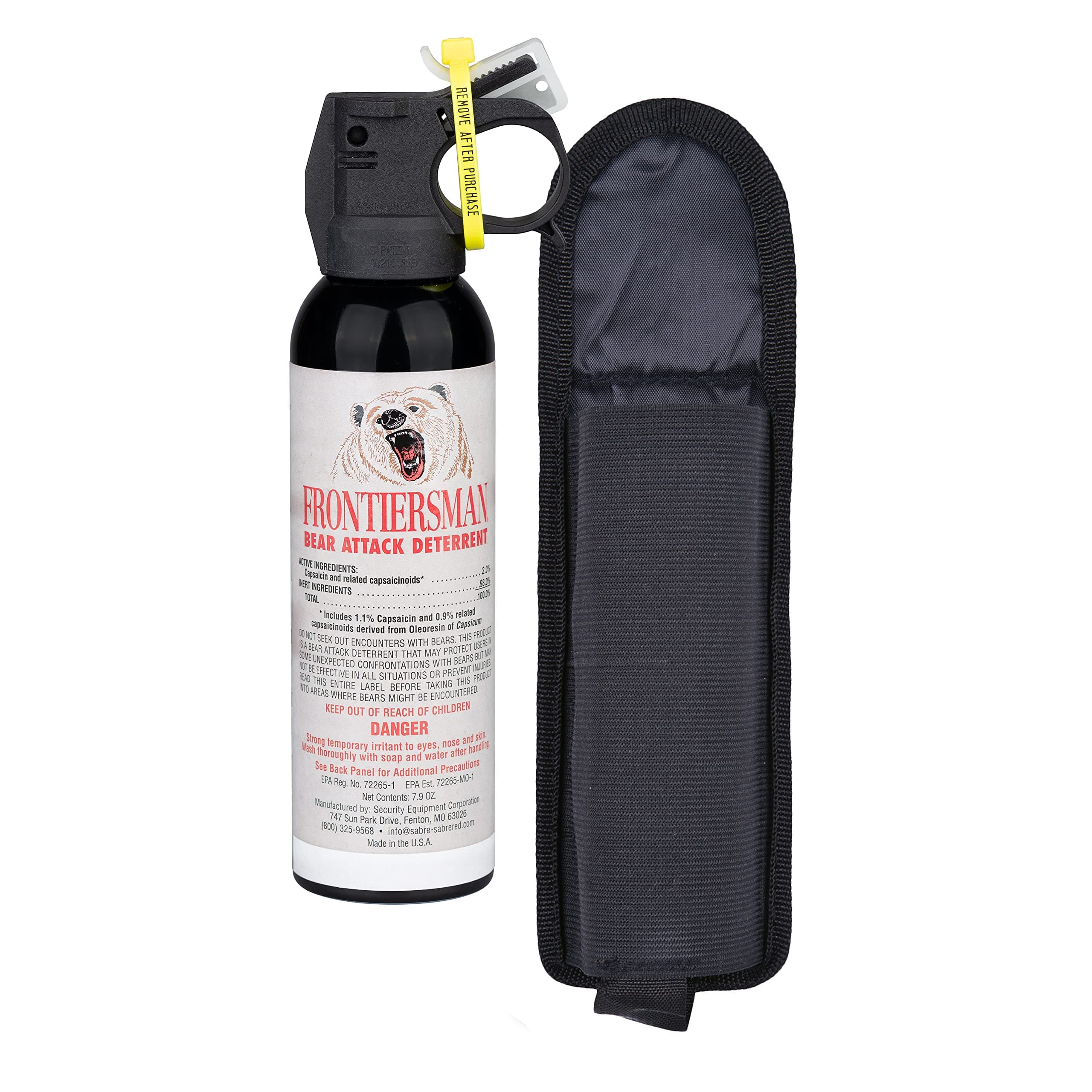 SABRE Frontiersman 7.9 fl oz. Bear Spray, Maximum Strength 2.0% Major Capsaicinoids, Powerful 30 ft. Range Bear Deterrent, Outdoor Camping & Hiking Protection, Quick Draw Holster & Multipack Options