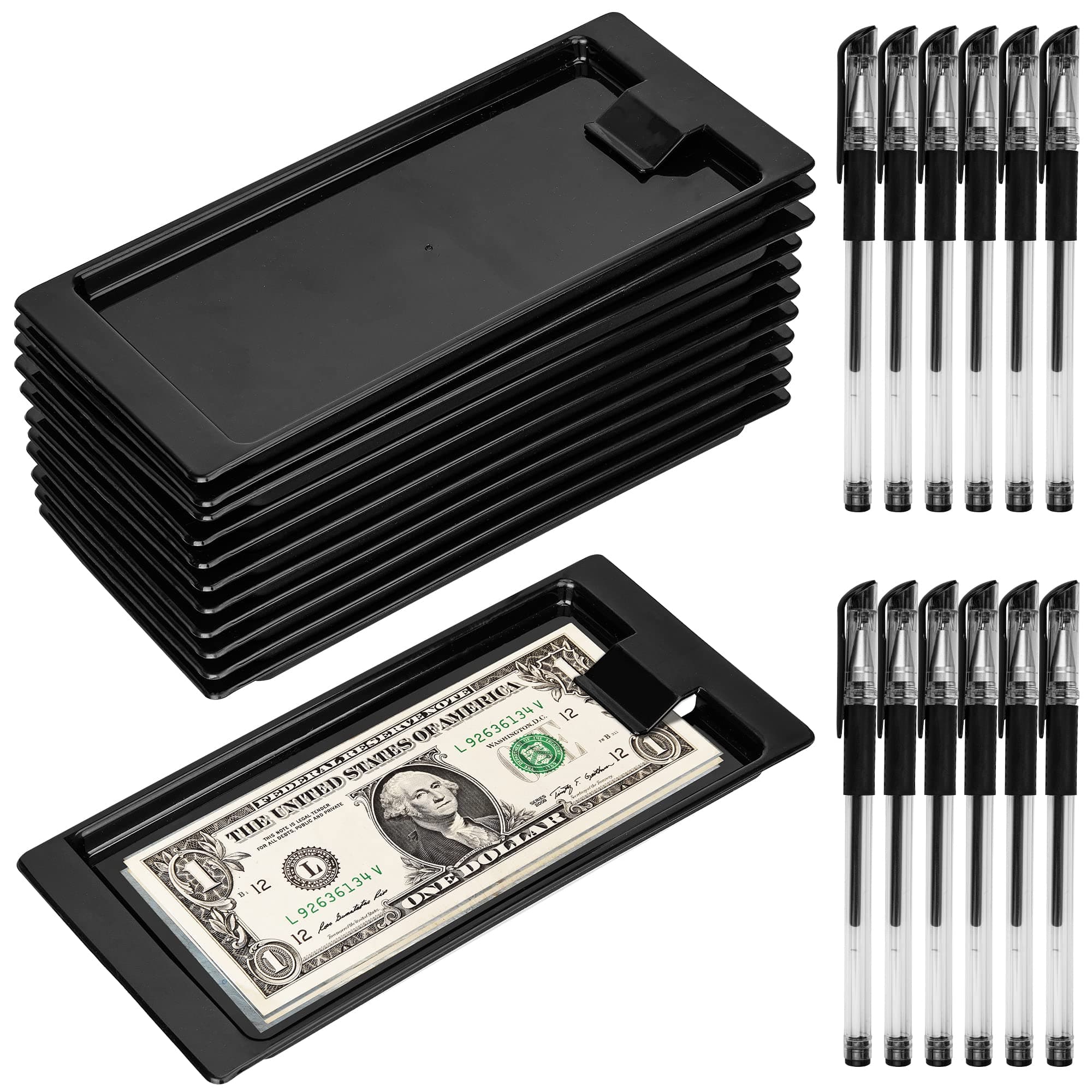 12 Pack Black Check Holder Tip Trays with 12 Ink Pens - Check Presenters for Restaurants, Cafes, Bars, Hotels and Dining - Holds Receipts, Cash, Credit Cards