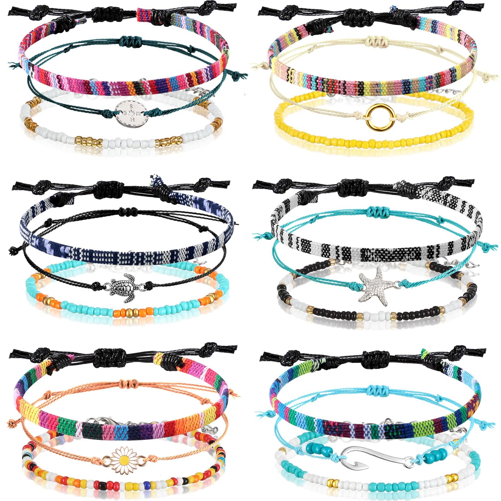 Jadive6 Pcs Boho String Bracelets Adjustable Surfer Anklets Friendship Bracelet Summer String Rope Bangle Braided Bangle Colorful Jewelry for Women Men Birthday Gift