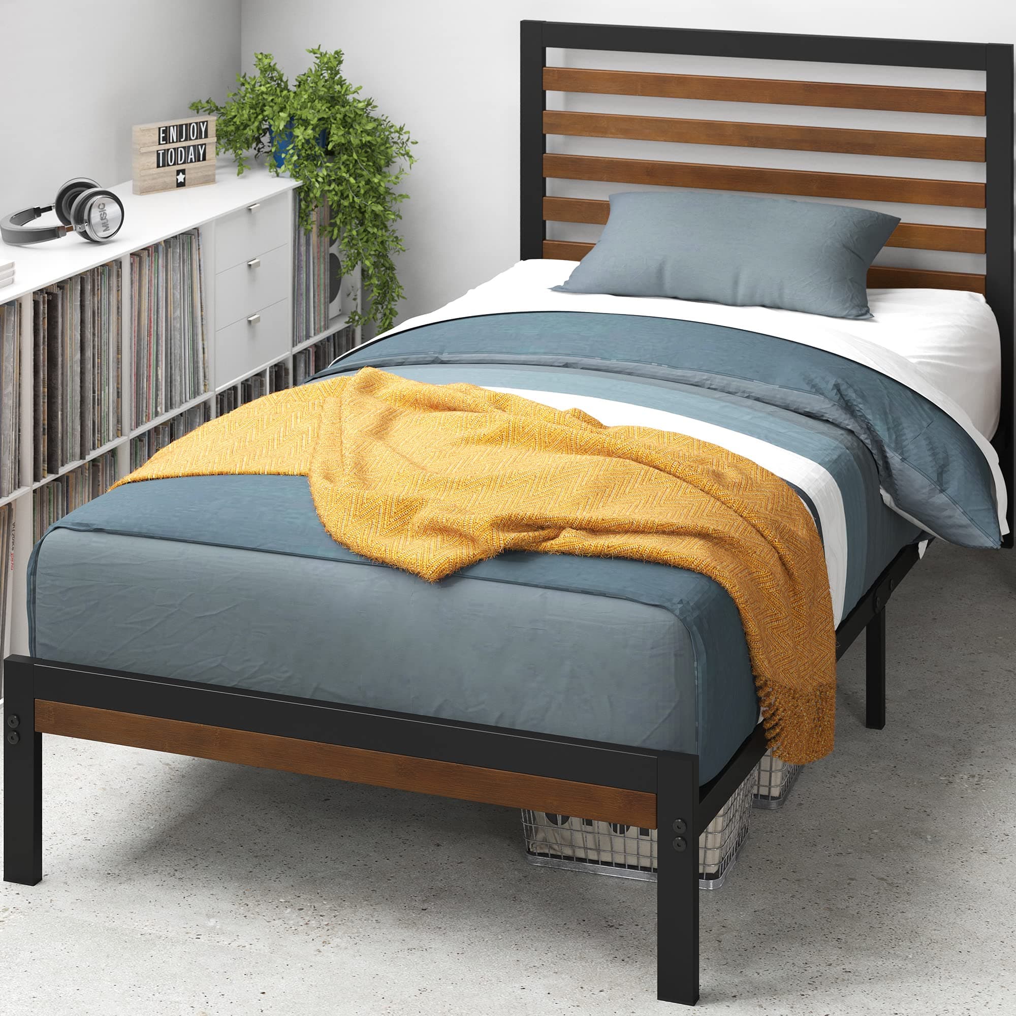 Kai Bamboo and Metal Platform Bed Frame with Headboard, No Box Spring Needed, Easy Assembly, Twin, Brown