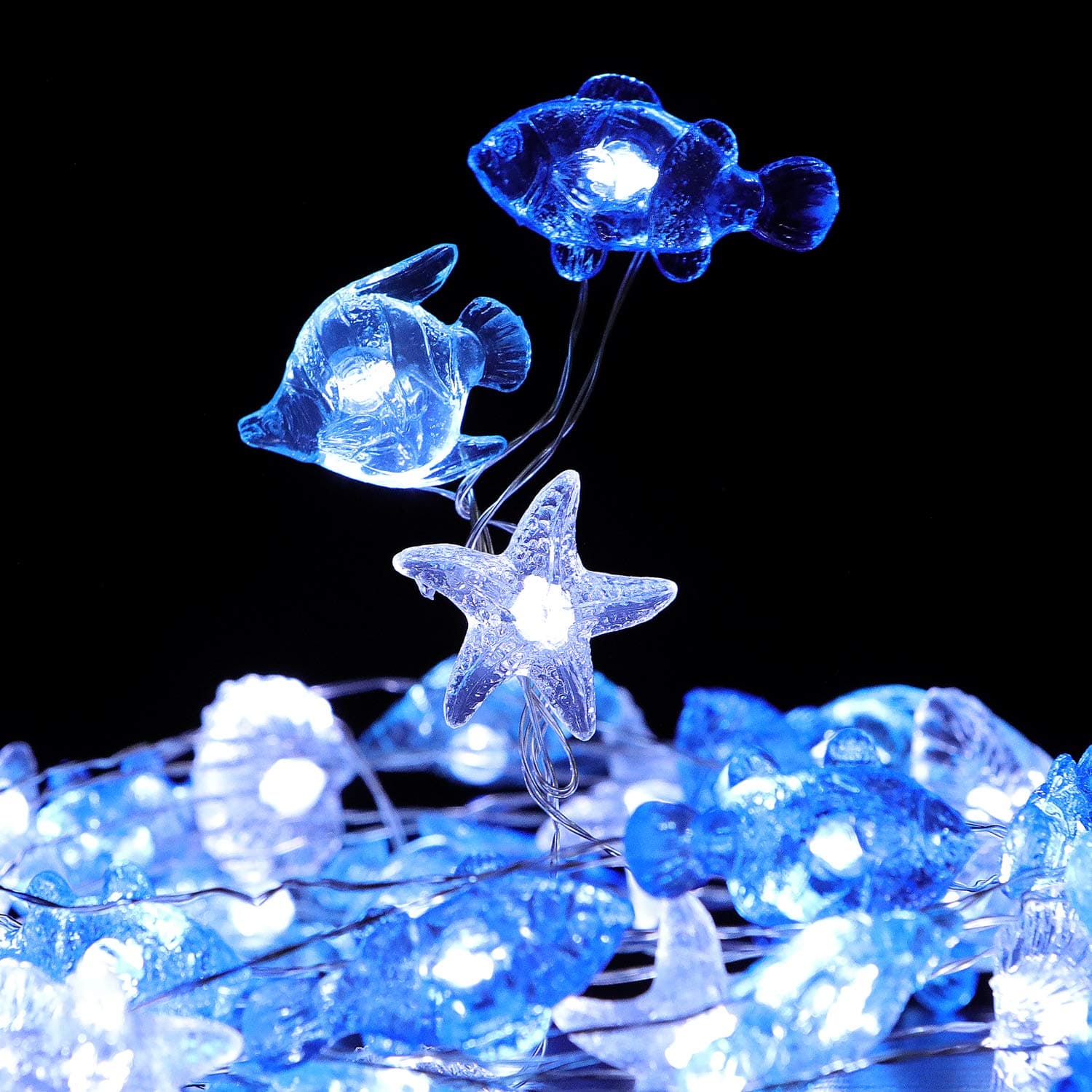 WSgift Fishes Shell String Lights, 18.7 Ft 40 LED USB Plug-in Beach Theme Fairy Lights for Bedrooms Home Party and Various Decoration Projects (Cool White, Remote Control with Timer)