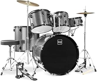 5-Piece Full Size Complete Adult Drum Set w/Cymbal Stands, Stool, Drum Pedal, Sticks, Floor Tom - Silver Sparkle