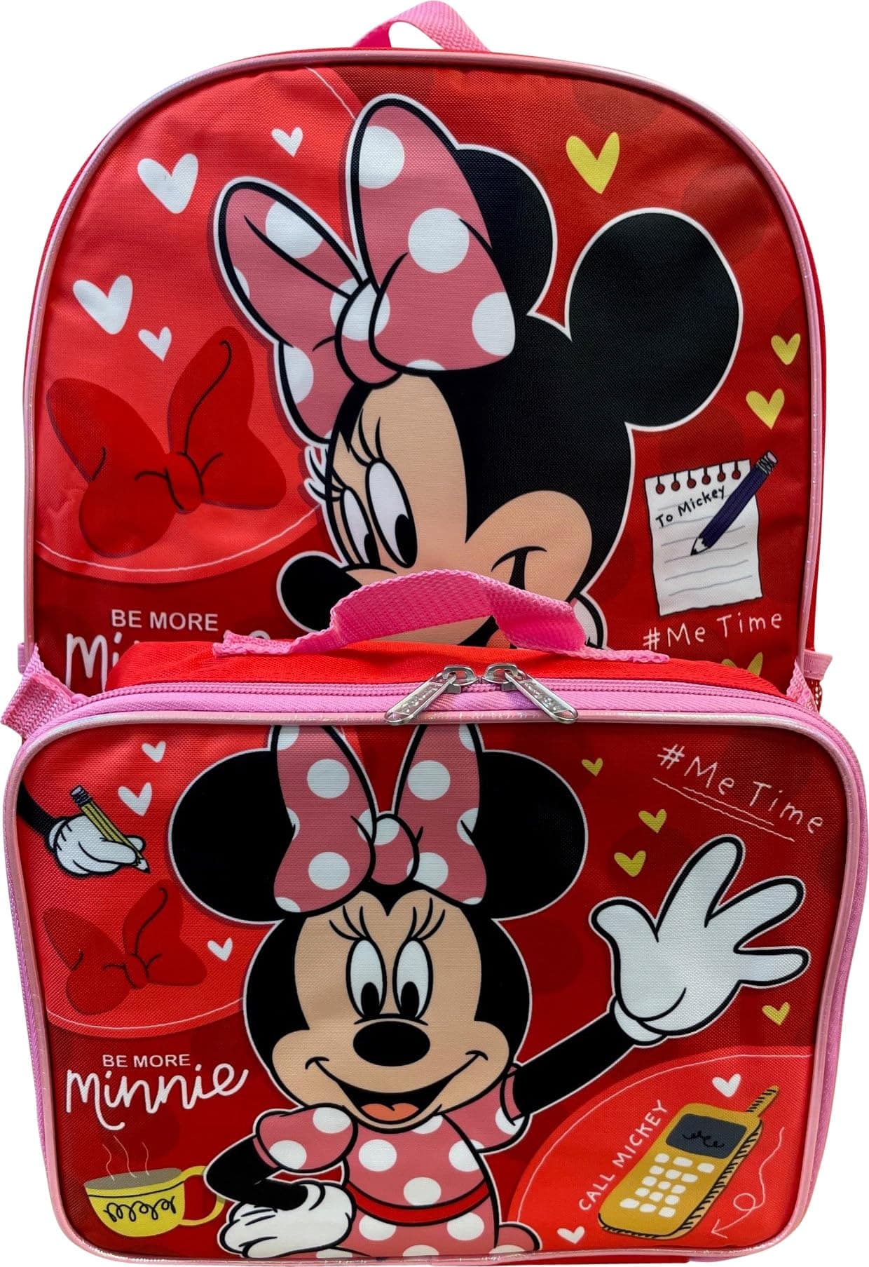 Group Kid's Licensed 16 Inch Backpack With Removable Lunch Box Set (Minnie Mouse Red)