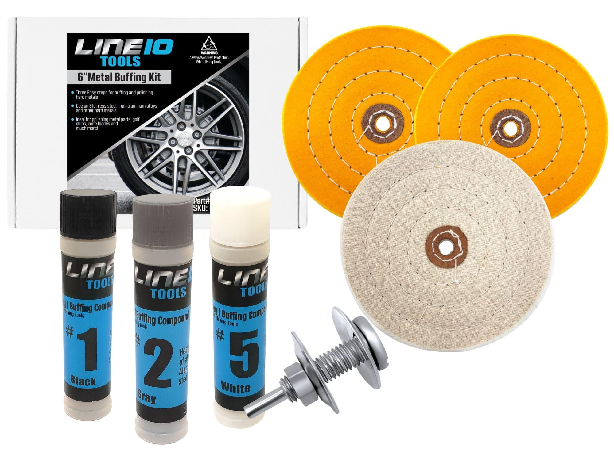 LINE10 Tools 6-Inch Buffing Polishing Wheel Kit for Bench Grinder and Drill, 3-Step Metal Buff Compound, Aluminum, Chrome, Stainless Steel Buffer Drill Adapter Auto Rim Trim Golf Club Restoration