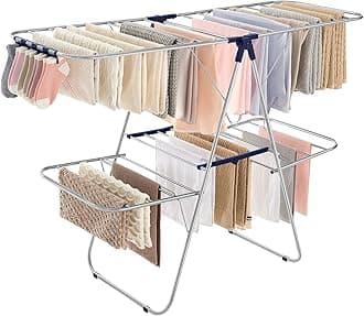 SONGMICS Clothes Drying Rack, Foldable 2-Level Laundry Drying Rack, Free-Standing Large Drying Rack, with Height-Adjustable Wings, 33 Drying Rails, Sock Clips, Silver and Blue ULLR53BU