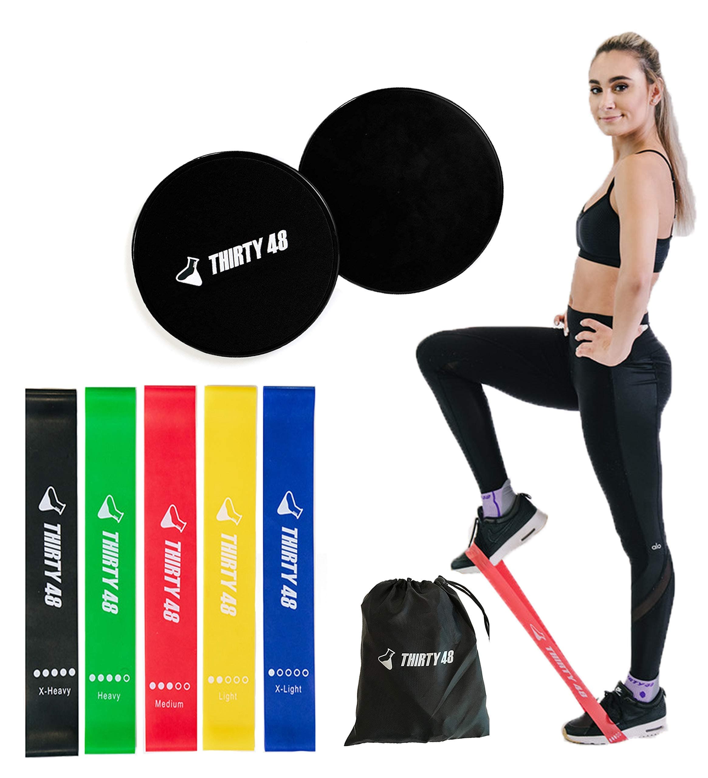 Thirty48 Gliding Discs Core Sliders and 5 Exercise Resistance Bands | Strength, Stability, and Training for Home, Gym, Travel | User Guide & Carry Bag