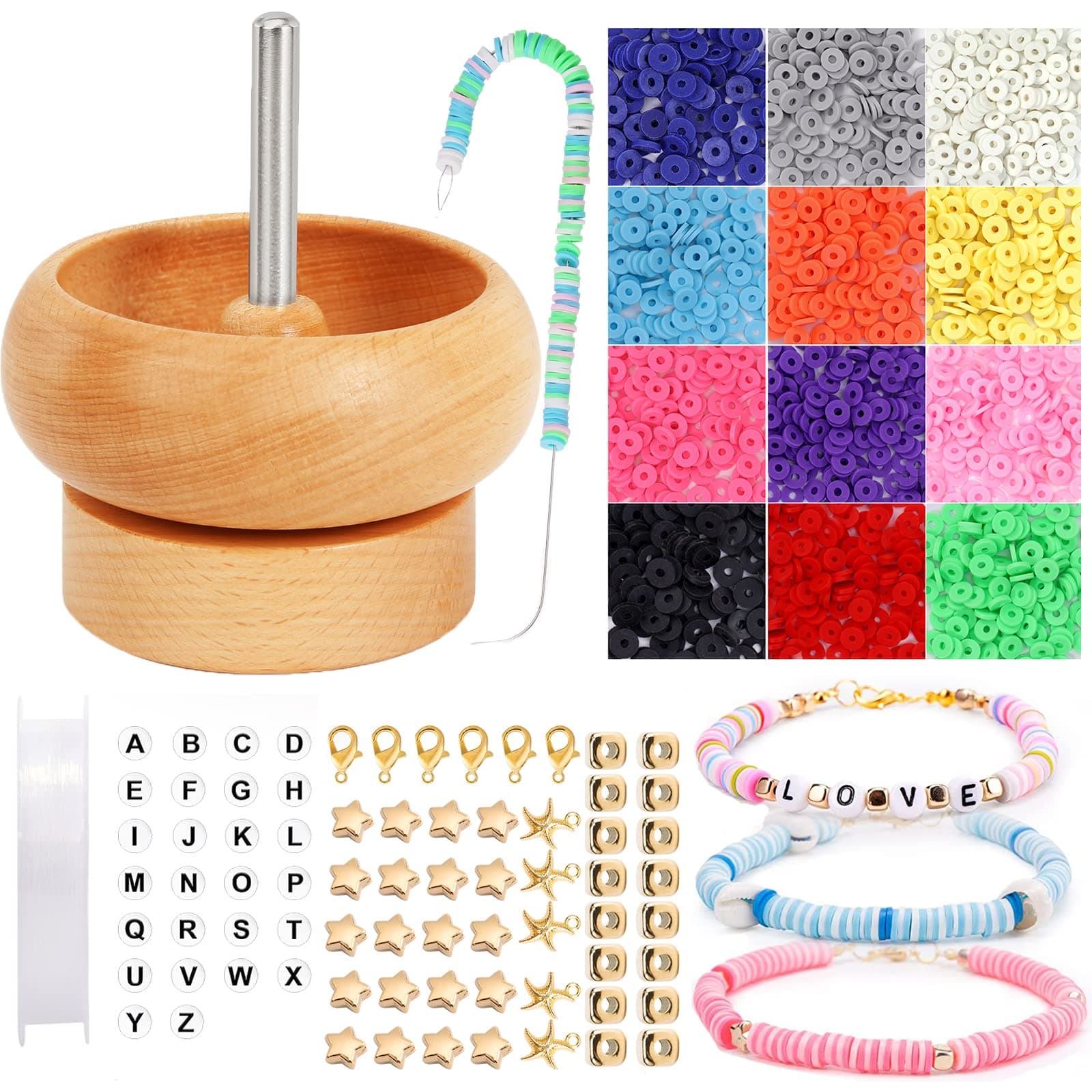 Clay Beads Kit with Bead Spinner, 2400 PCS Polymer Clay Beads, Big Eye Beading Needles