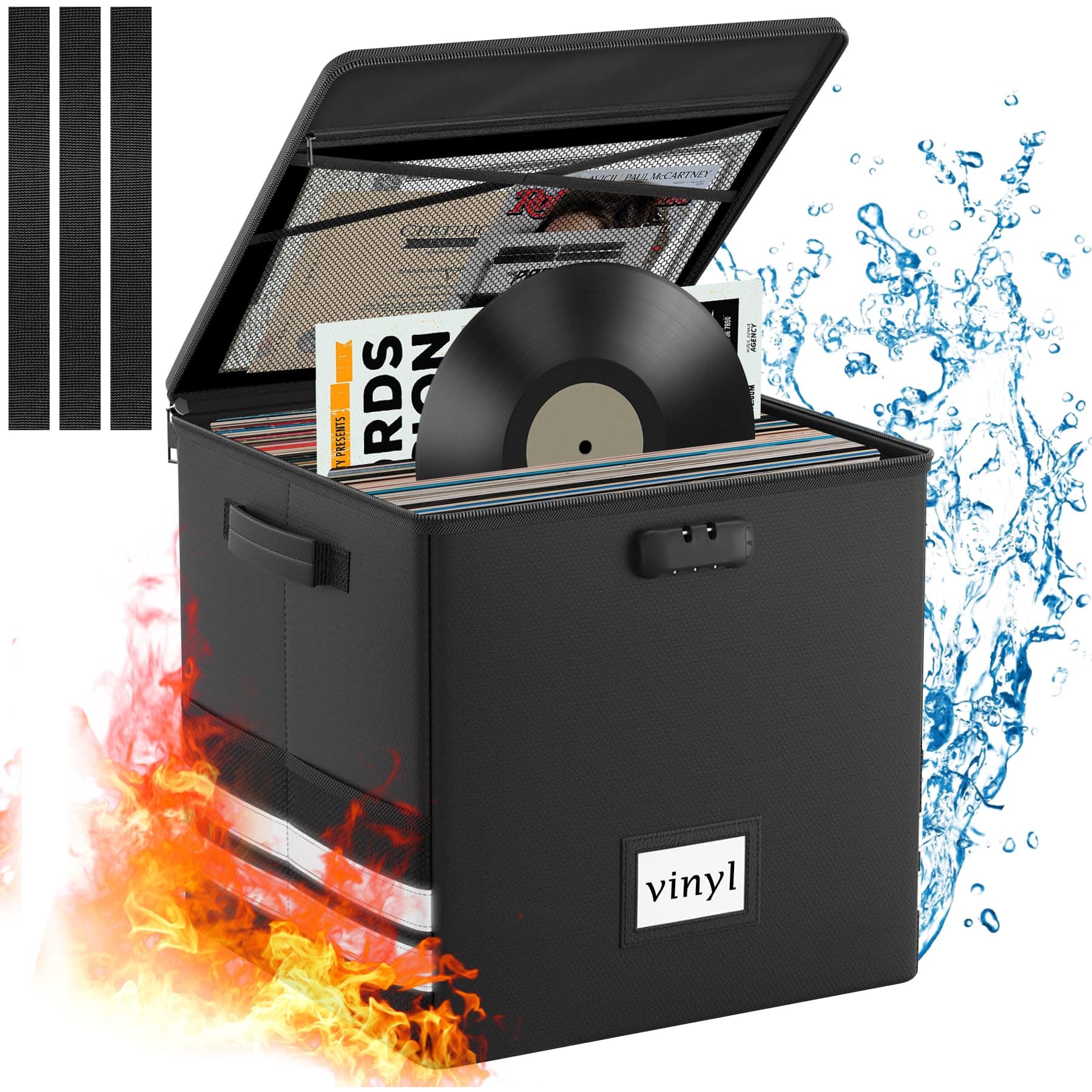 Vinyl Record Storage Box with Lock, Fireproof Waterproof Resistant Organizer for 100+ 12-Inch Records - Collapsible Storage Box with Handles for Album Collection - Black