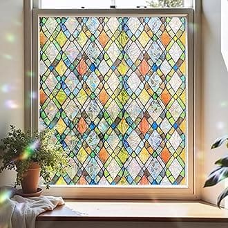 Window Privacy Film, Stained Glass Decorative Static Cling, Removable Laser Sun Blocking Vinyl Covering,Window Film for Home Kitchen Living Room, Rainbow Crystal Shards, 35.43 x 78.7in