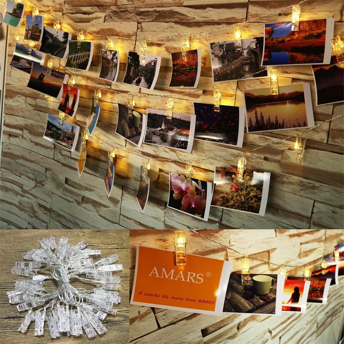 20 LEDs USB Cable Powered Photo Clip LED String Lights Bedroom Party Decoration String Lights Indoor Outdoor for Artwork, Wedding, DIY, Club (Warm White, 9.5 Feet)